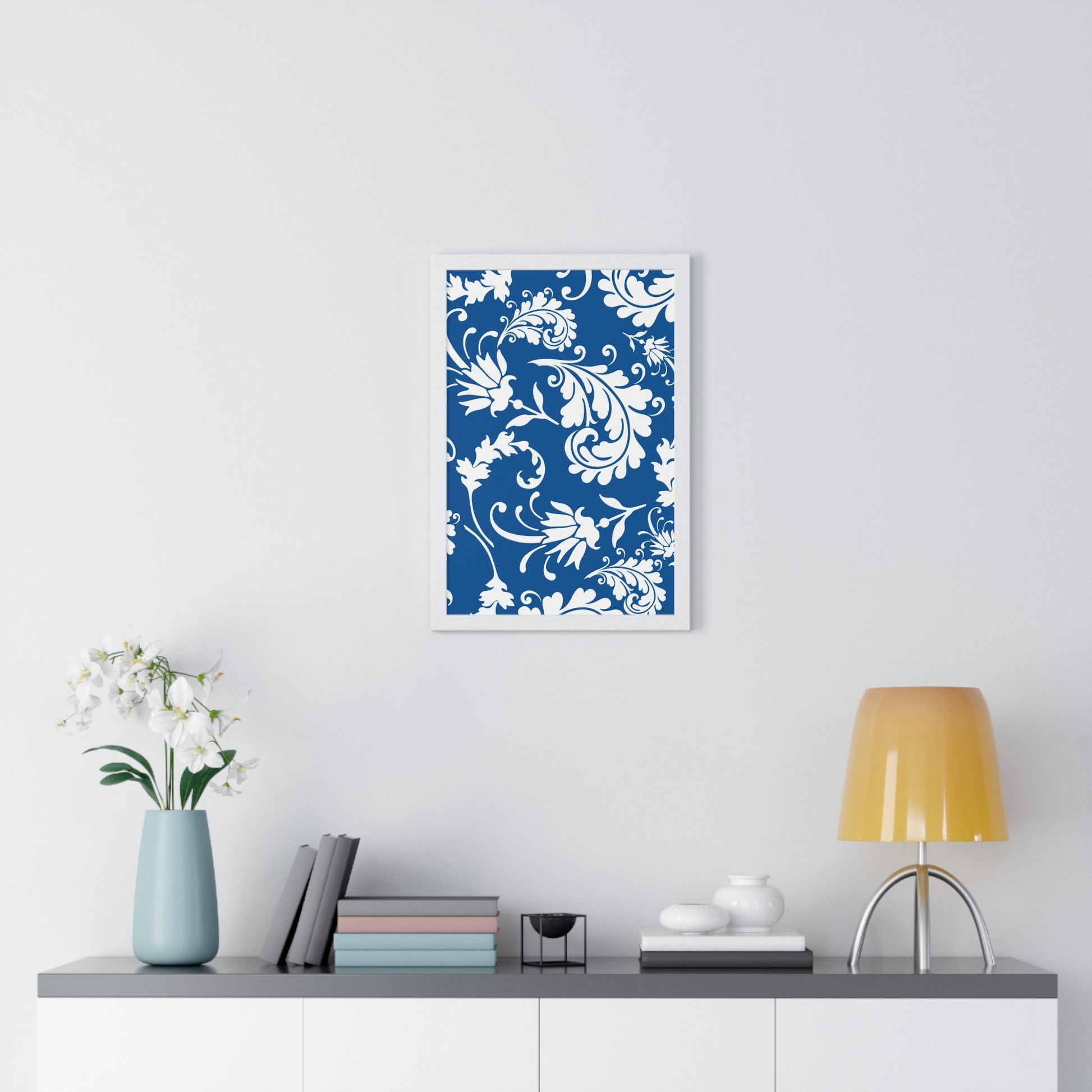 Printify Framed Blue and White Floral Damask Art Print 2025