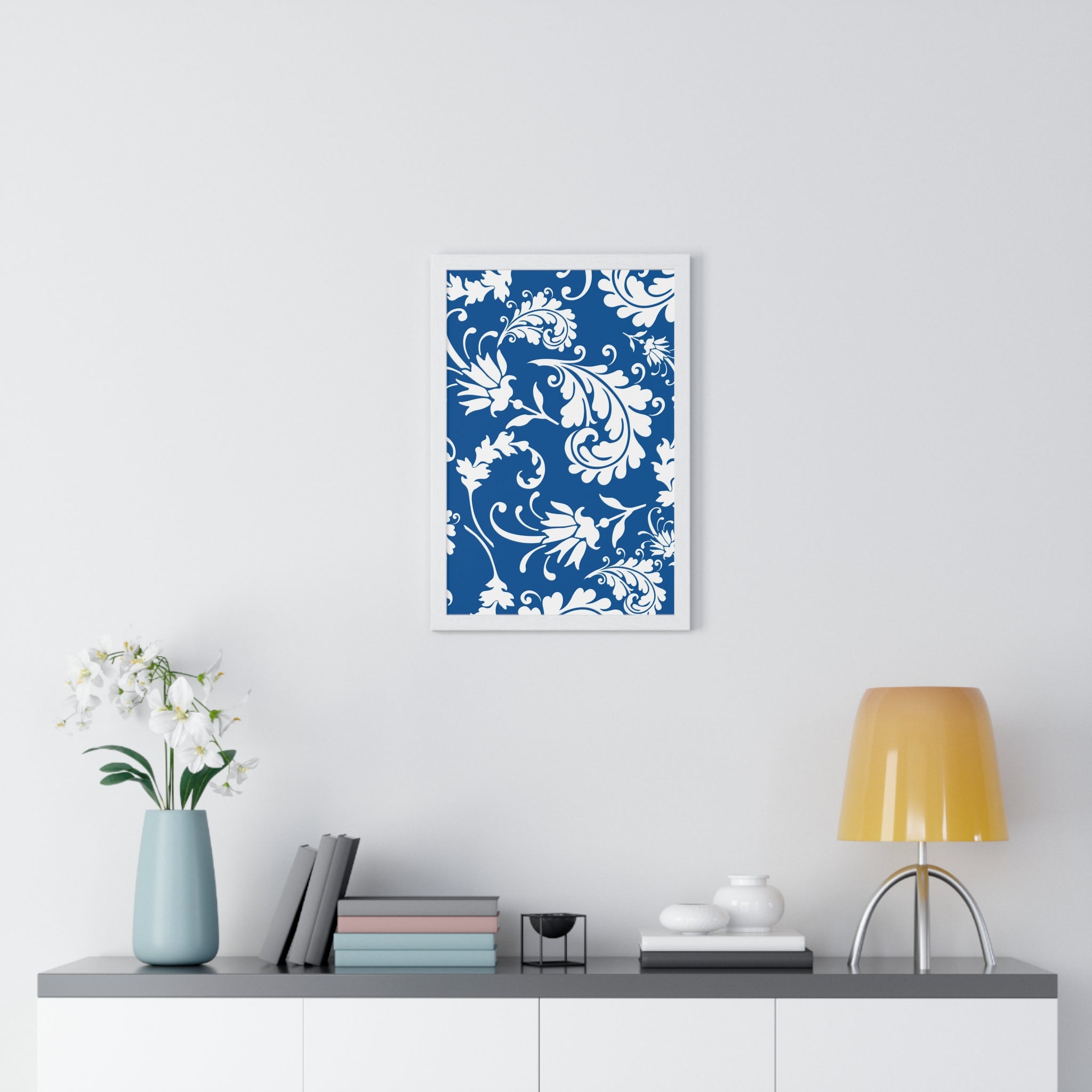 Printify Framed Blue and White Floral Damask Art Print 2025