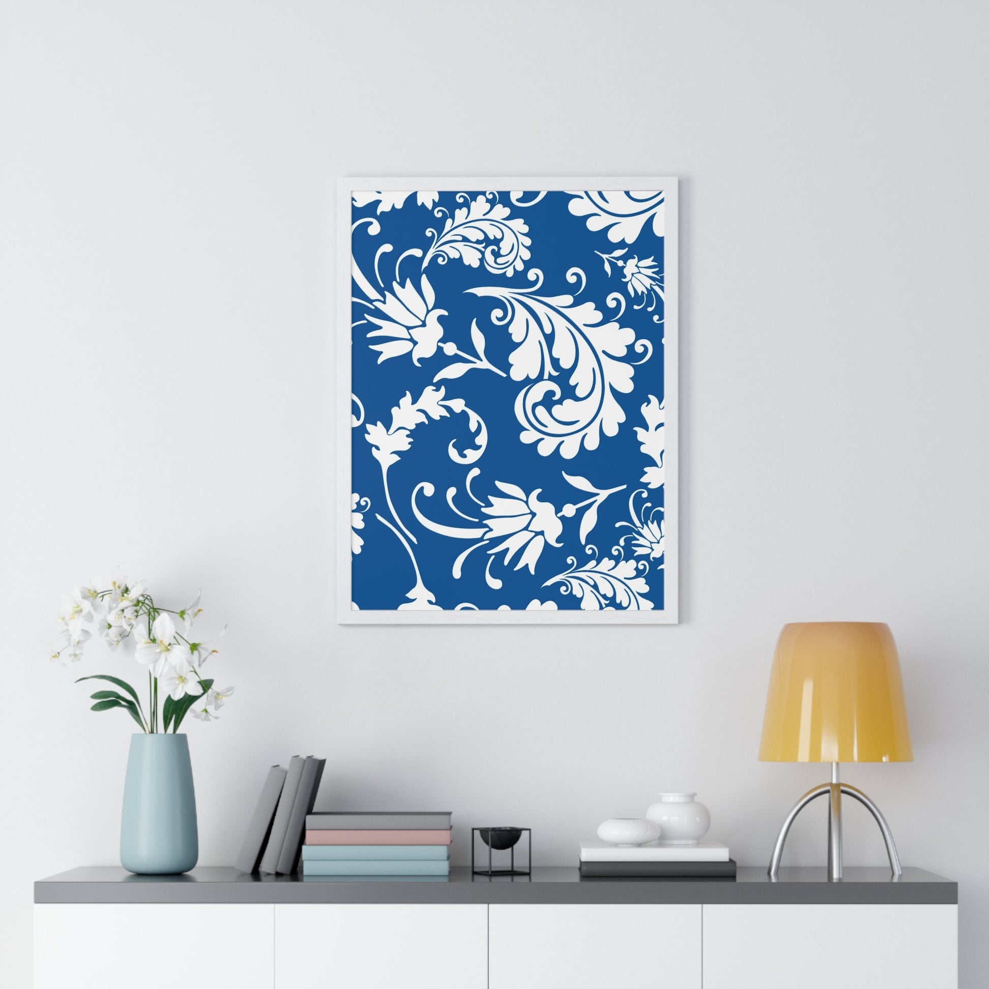 Printify Framed Blue and White Floral Damask Art Print 2025