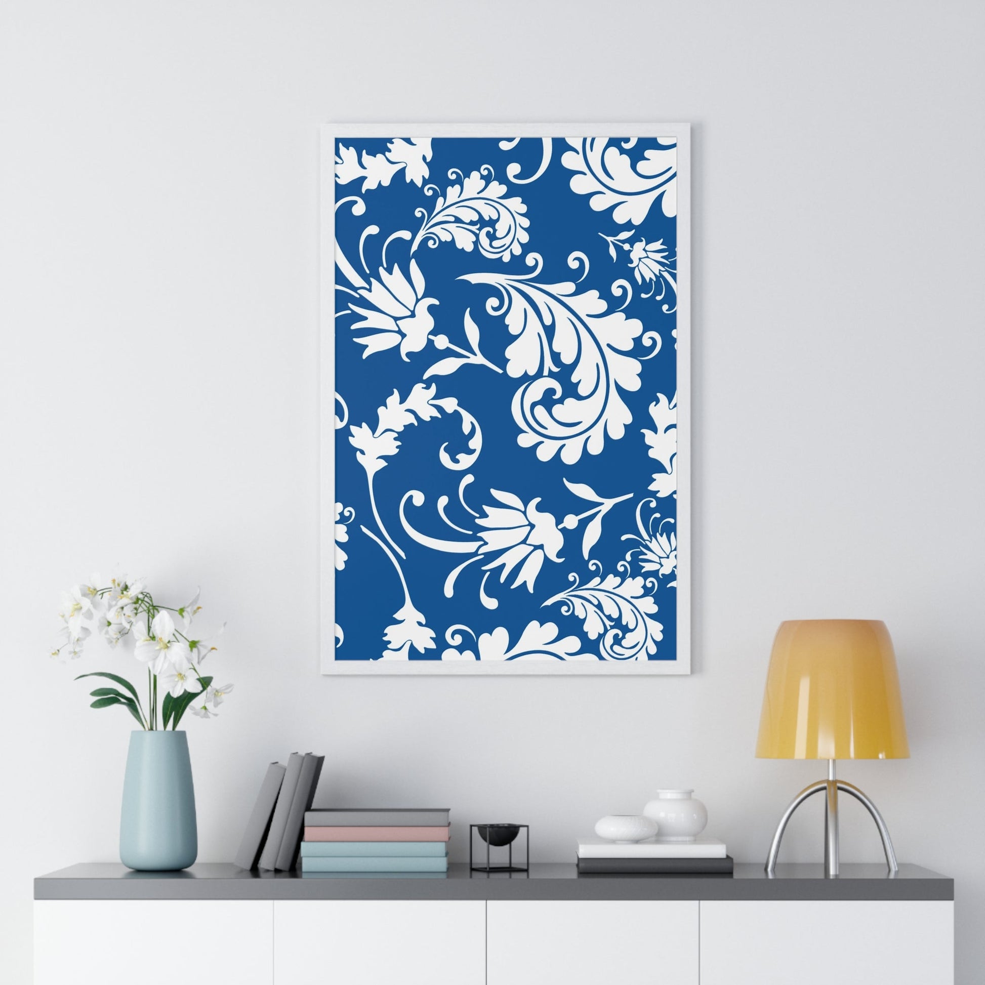 Printify Framed Blue and White Floral Damask Art Print 2025
