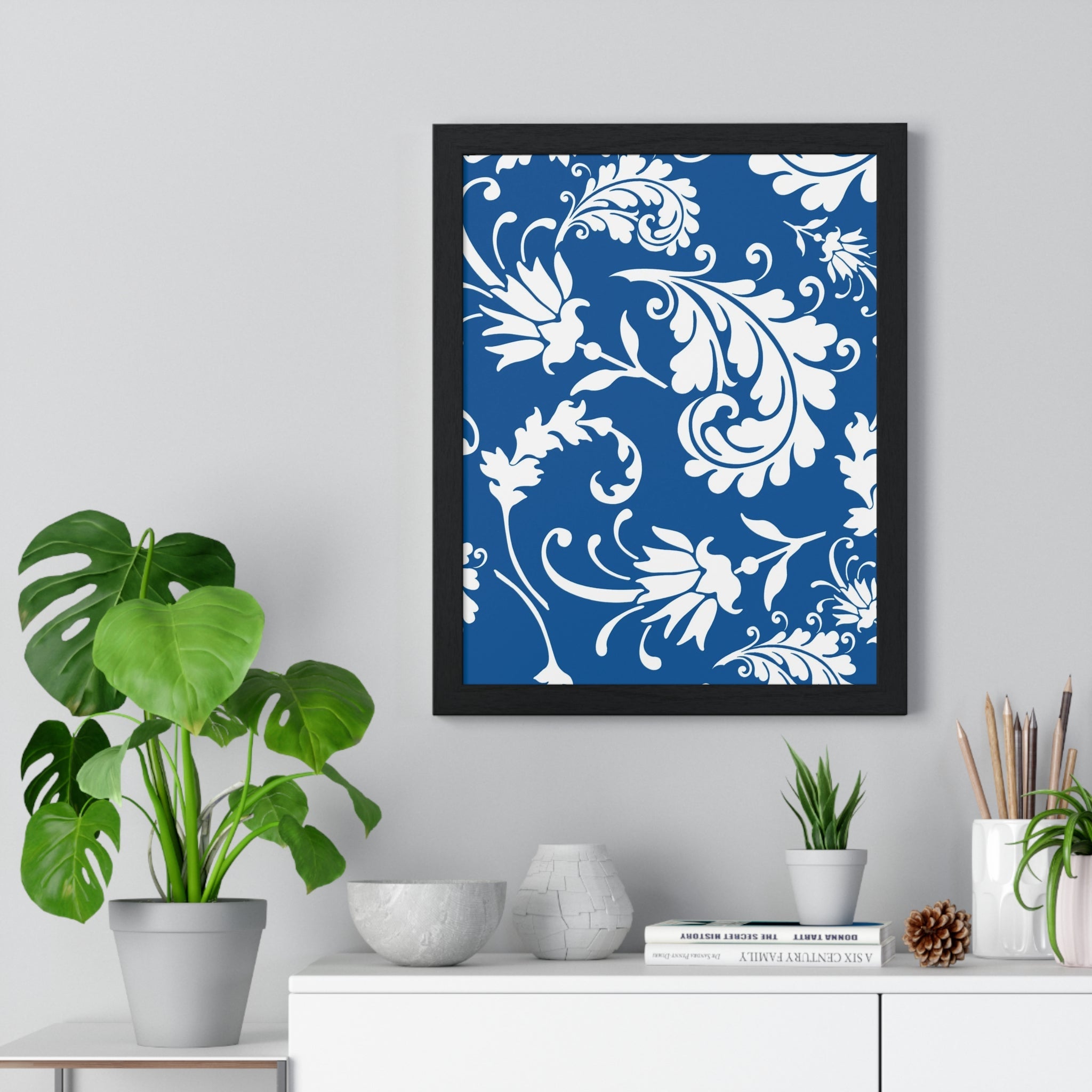 Printify Framed Blue and White Floral Damask Art Print 2025