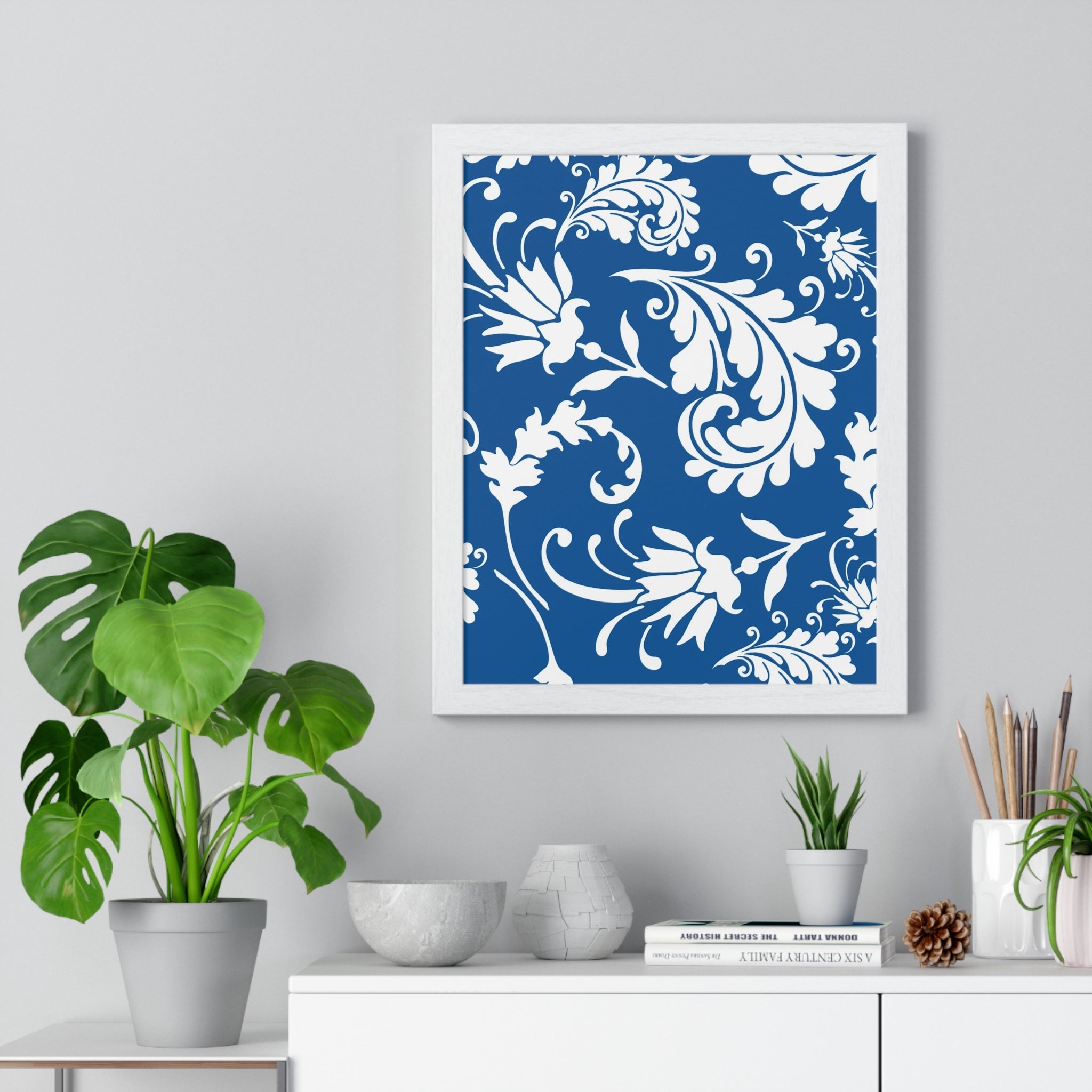 Printify Framed Blue and White Floral Damask Art Print 2025