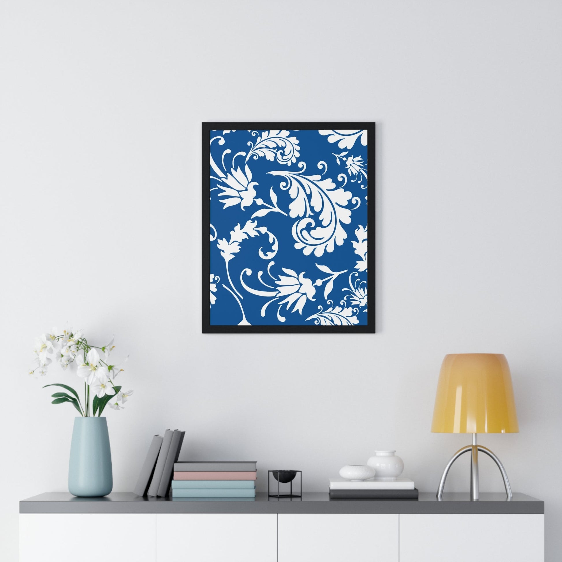 Printify Framed Blue and White Floral Damask Art Print 2025