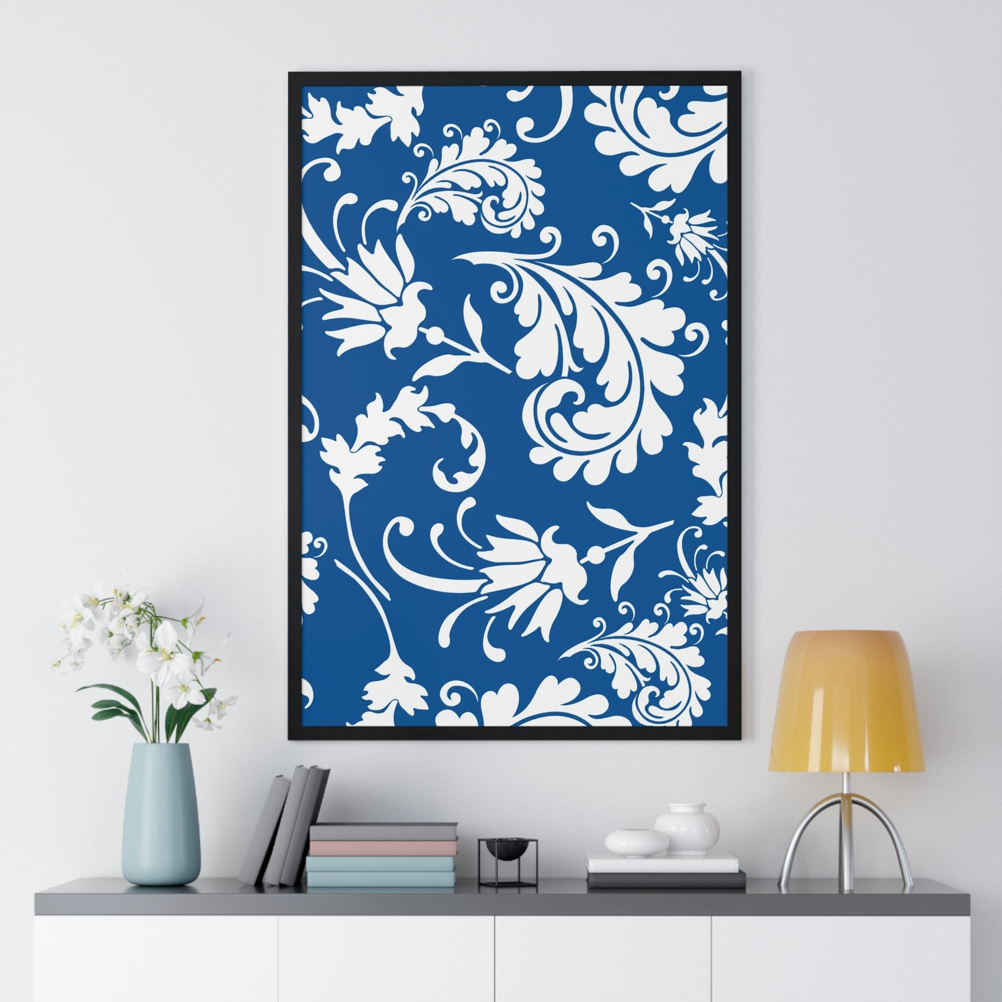 Printify Framed Blue and White Floral Damask Art Print 2025