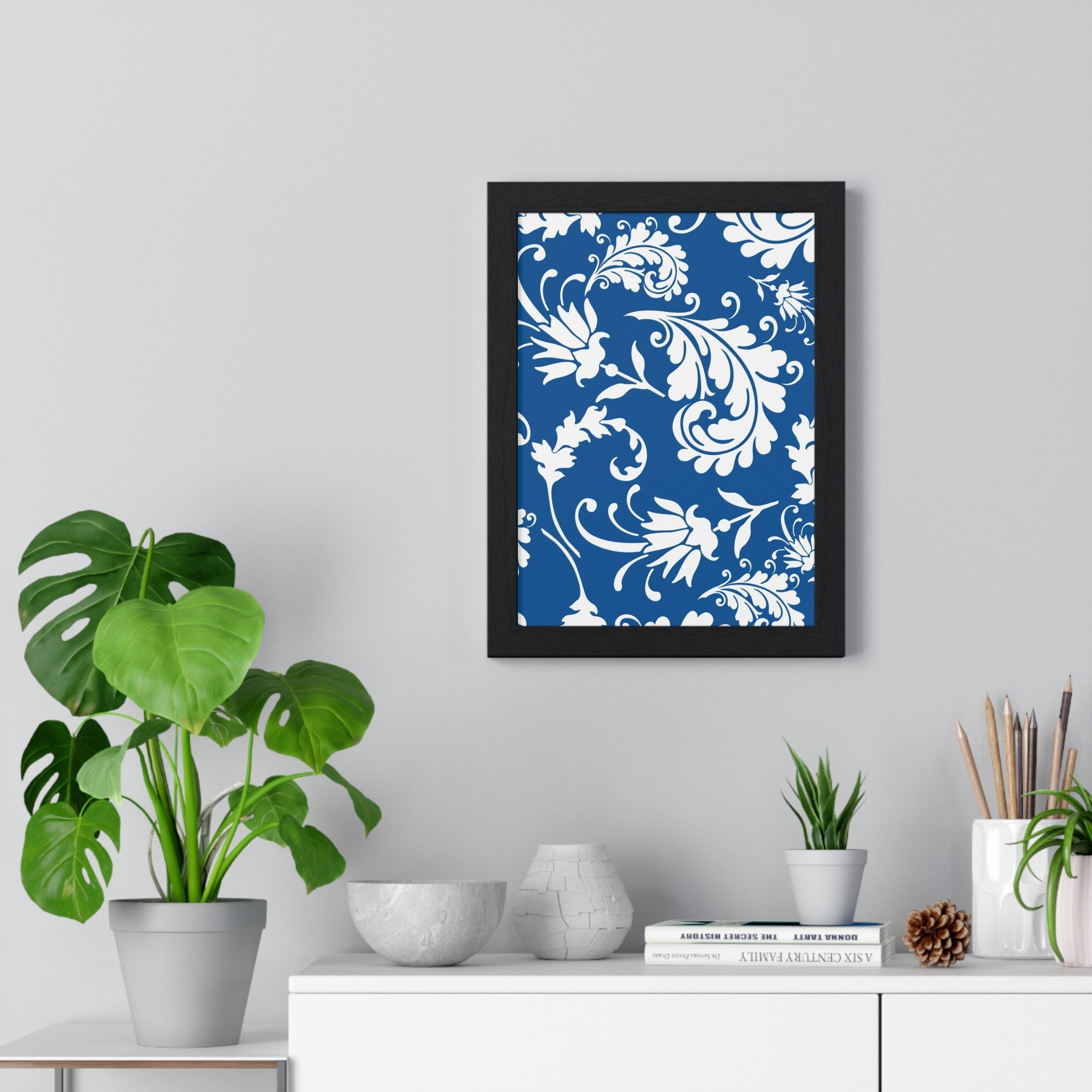 Printify Framed Blue and White Floral Damask Art Print 2025