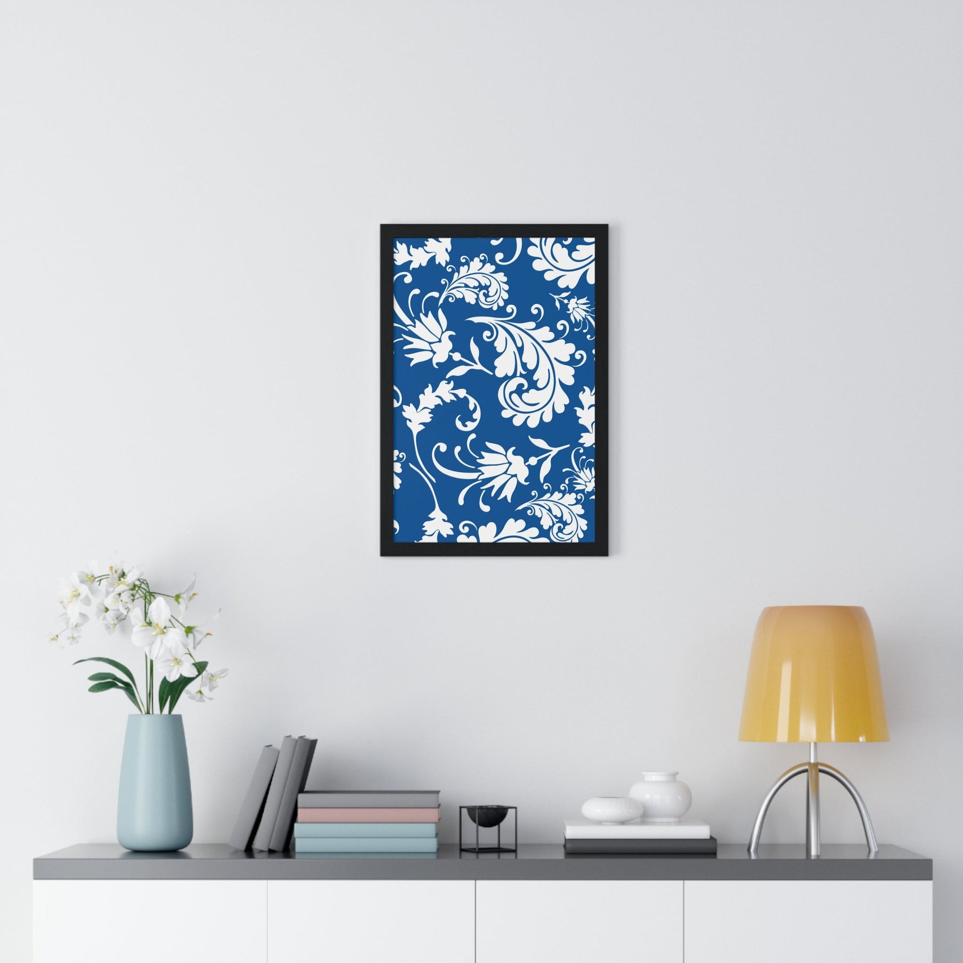 Printify Framed Blue and White Floral Damask Art Print 2025