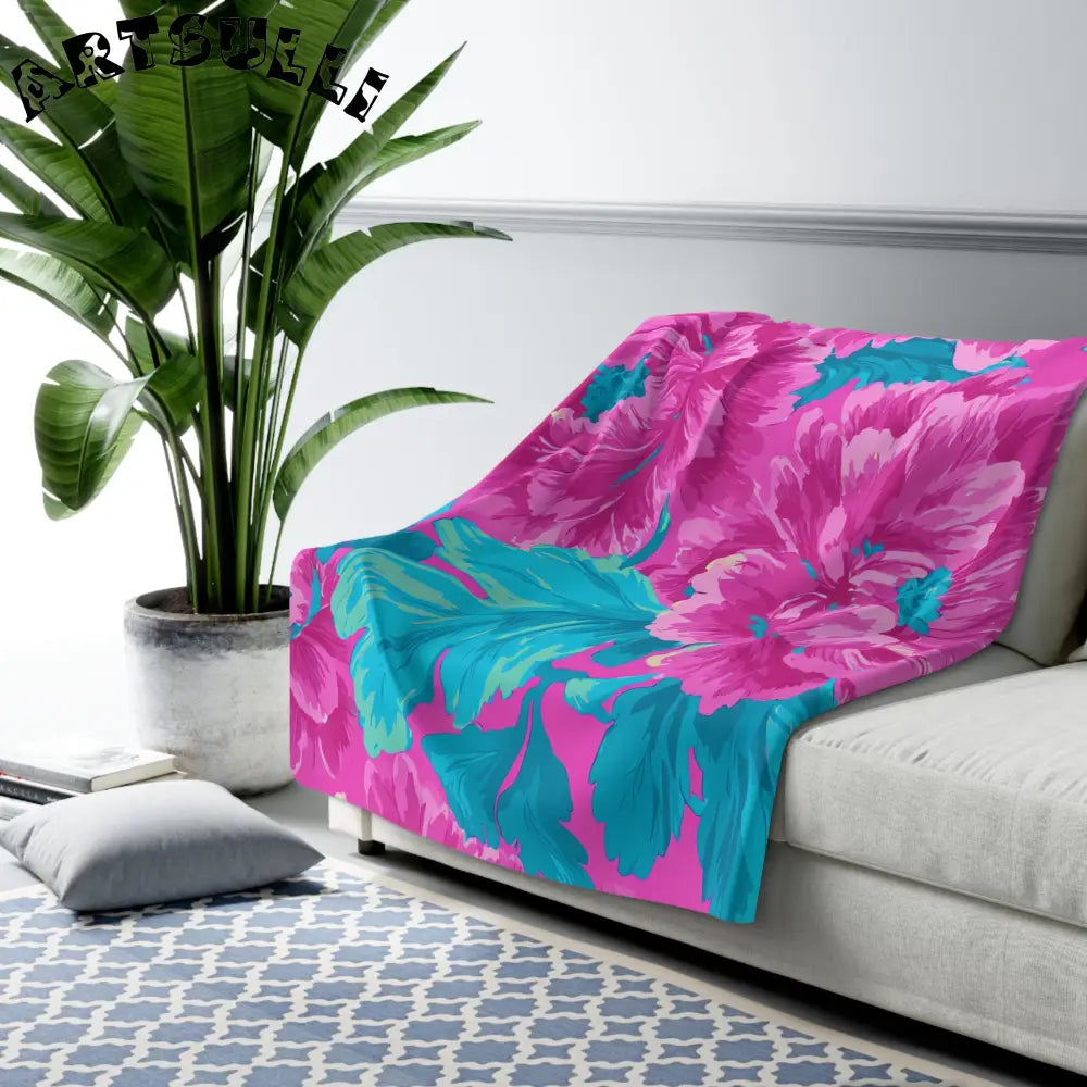 JAKKOUTTHEBXX Fuchsia and Teal Floral Cozy Fleece Blanket 2025