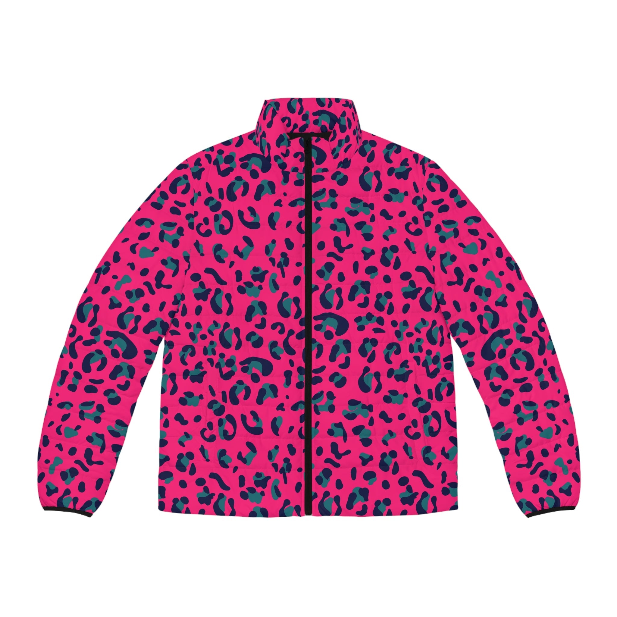 Fuchsia and Teal Leopard Print Puffer Jacket, Artsulli - Art is Long, Life is Short, All Over Prints, Size, S, Color, Black zipper, , , 20219752035381177771
