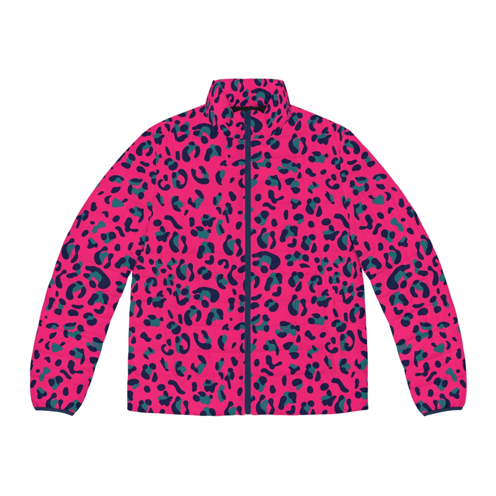 Fuchsia and Teal Leopard Print Puffer Jacket, Artsulli - Art is Long, Life is Short, All Over Prints, Size, S, Color, Dark blue zipper, , , 36905337630428683177