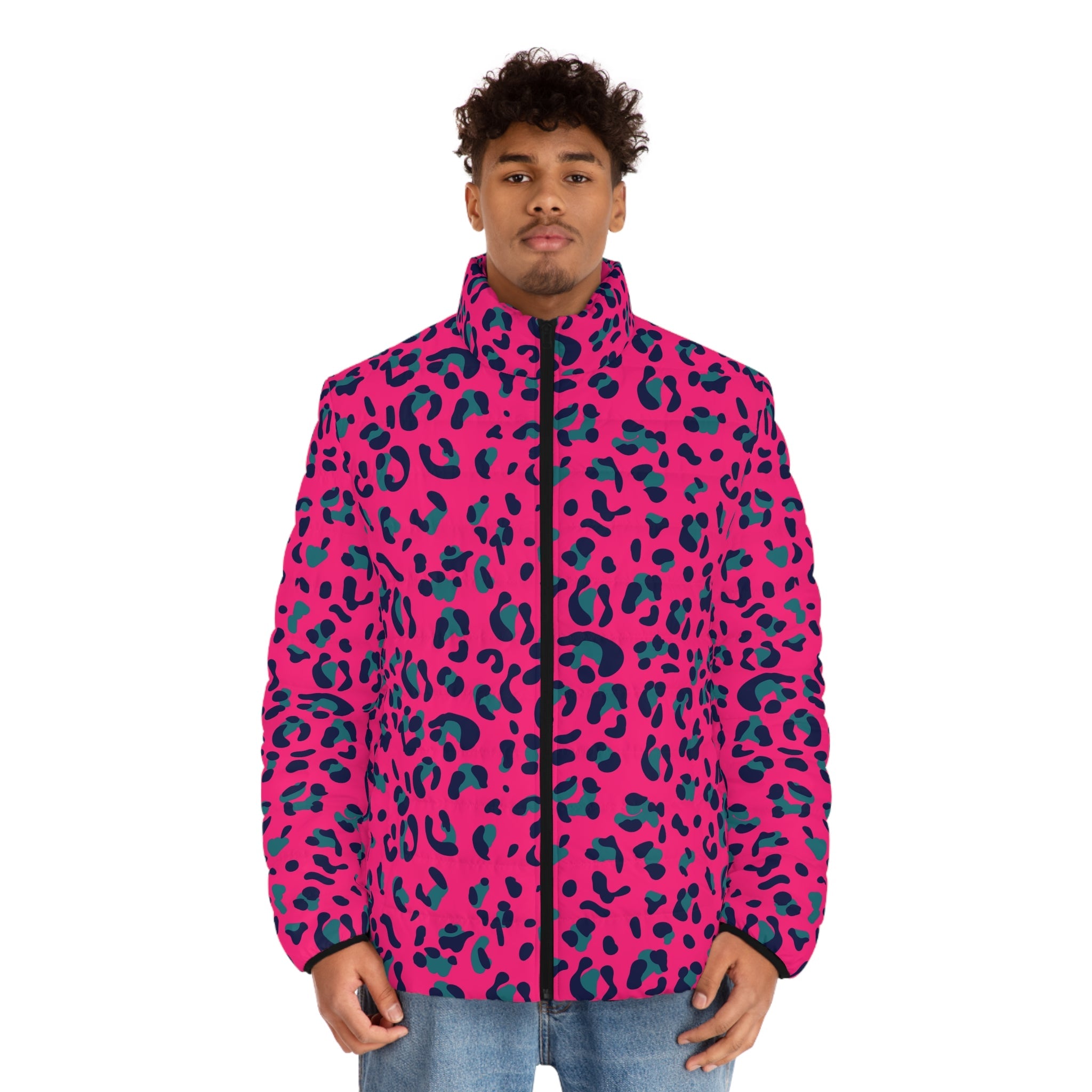 Fuchsia and Teal Leopard Print Puffer Jacket, Artsulli - Art is Long, Life is Short, All Over Prints, , , , , , , 