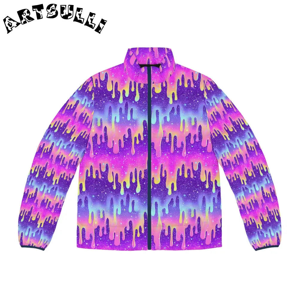Galaxy Paint Drip Puffer Jacket, Artsulli - Art is Long, Life is Short, All Over Prints, Size, S, Color, Dark blue zipper, , , 17165395556125524165