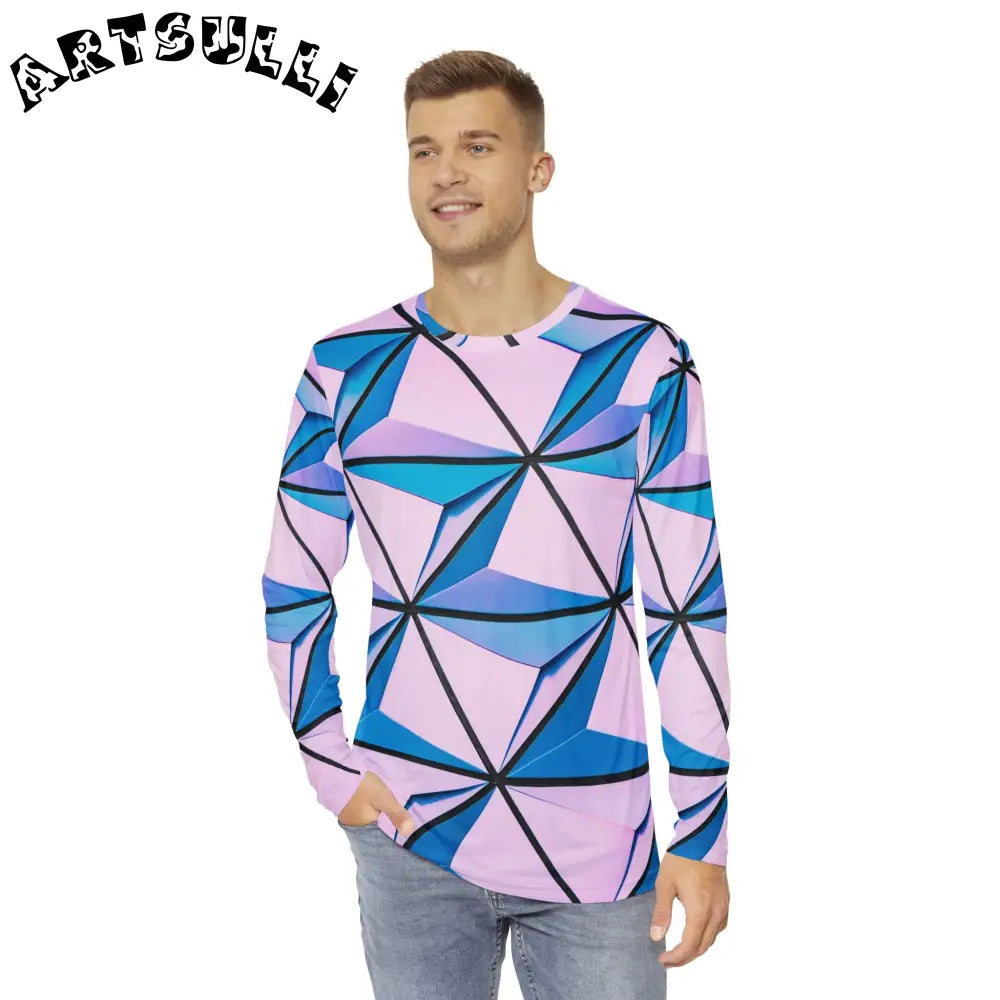 Geometric Pink and Blue Long Sleeve Shirt, Artsulli - Art is Long, Life is Short, All Over Prints, , , , , , , 