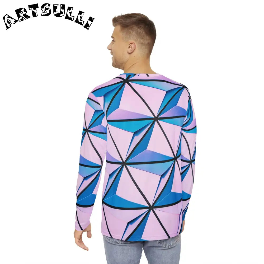 Geometric Pink and Blue Long Sleeve Shirt, Artsulli - Art is Long, Life is Short, All Over Prints, , , , , , , 