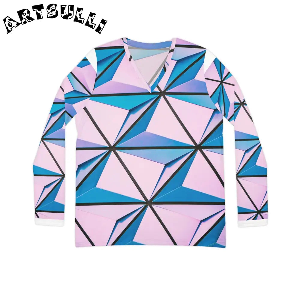 Geometric Triangle V-Neck Long Sleeve Top, Artsulli - Art is Long, Life is Short, All Over Prints, Size, XS, , , , , 12303162806105931122