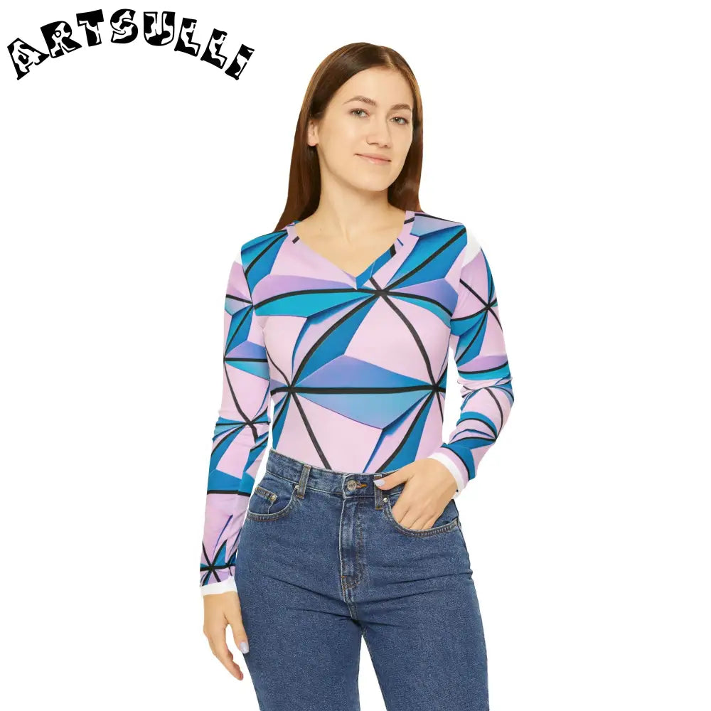 Geometric Triangle V-Neck Long Sleeve Top, Artsulli - Art is Long, Life is Short, All Over Prints, , , , , , , 