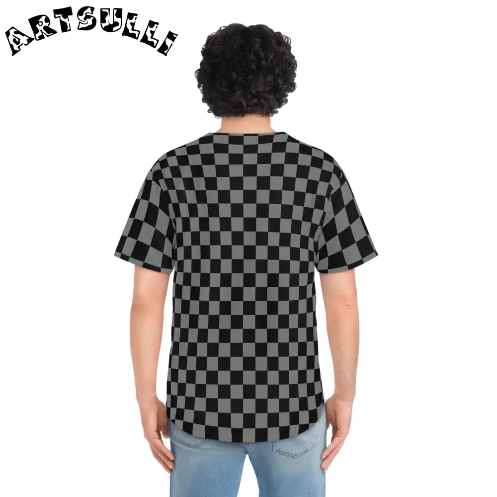 Gray and Black Checkerboard Baseball Jersey, Artsulli - Art is Long, Life is Short, All Over Prints, , , , , , , 