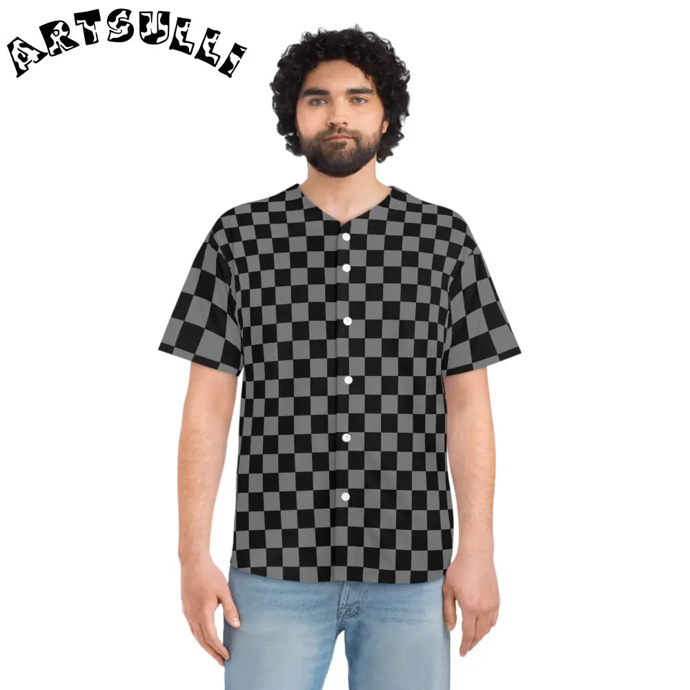 Gray and Black Checkerboard Baseball Jersey, Artsulli - Art is Long, Life is Short, All Over Prints, , , , , , , 