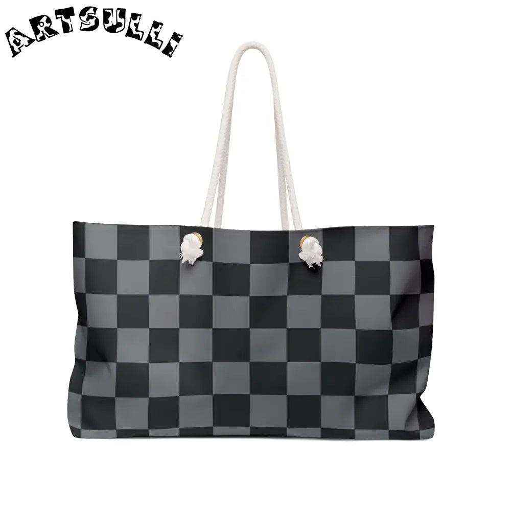 Gray and Black Checkered Oversized Weekender Tote, Artsulli - Art is Long, Life is Short, Bags, Size, 24" × 13", , , , , 27961161644941133800