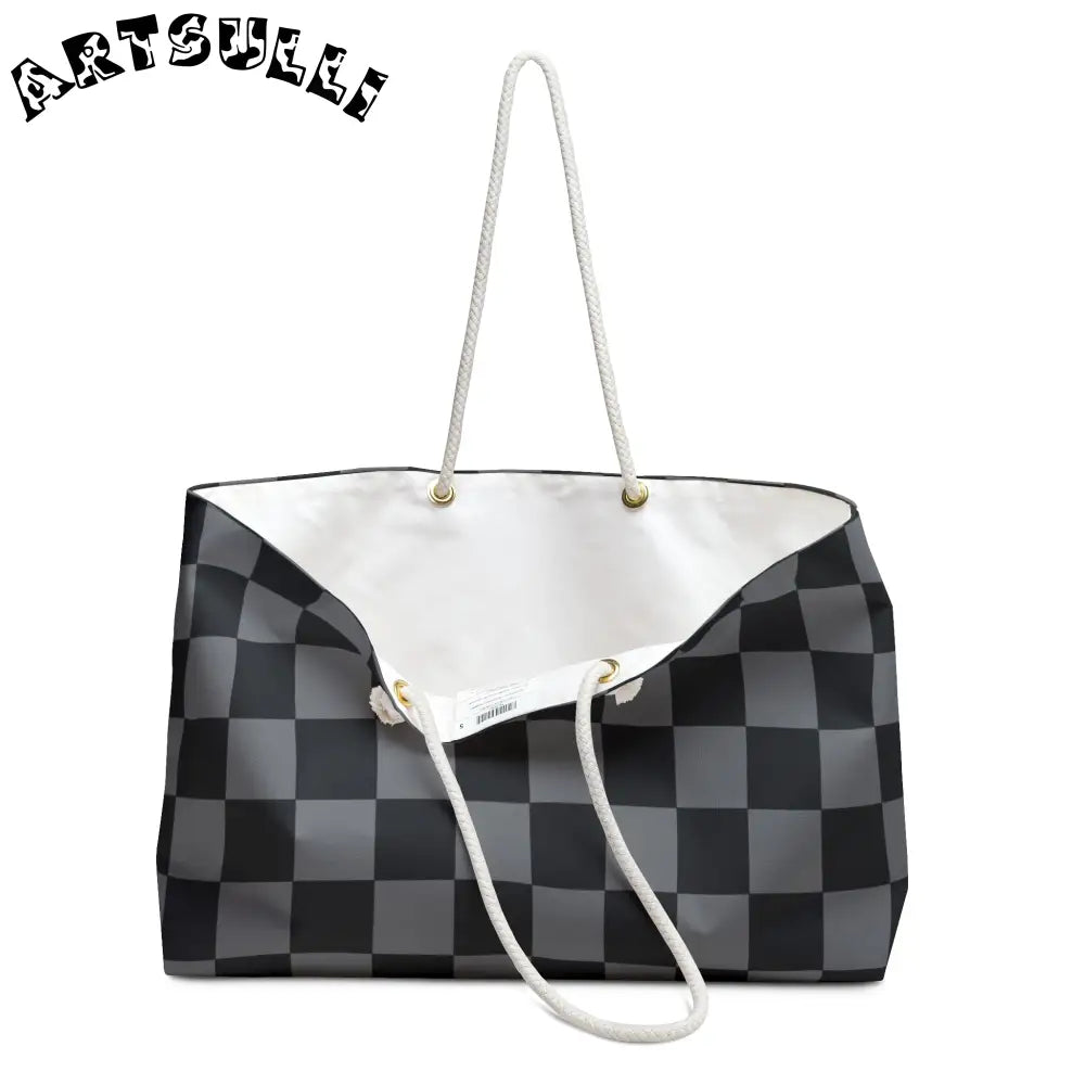 Gray and Black Checkered Oversized Weekender Tote, Artsulli - Art is Long, Life is Short, Bags, , , , , , , 