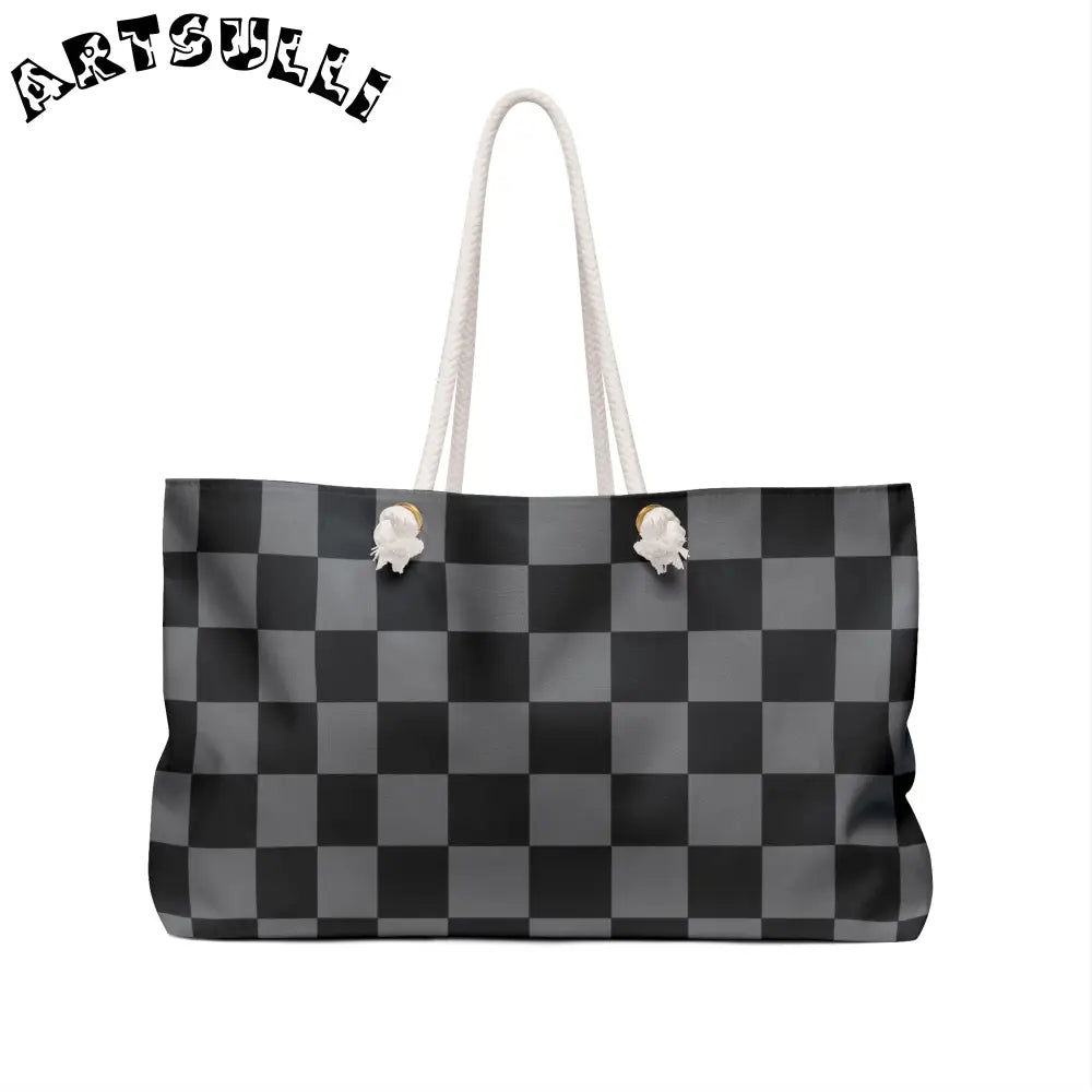 Gray and Black Checkered Oversized Weekender Tote, Artsulli - Art is Long, Life is Short, Bags, , , , , , , 