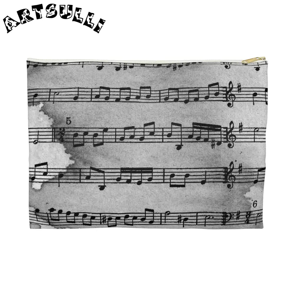 Grayscale Musical Score Flat Pouch, Artsulli - Art is Long, Life is Short, Bags, Size, Large, Color, White zipper, , , 31850348813537960436
