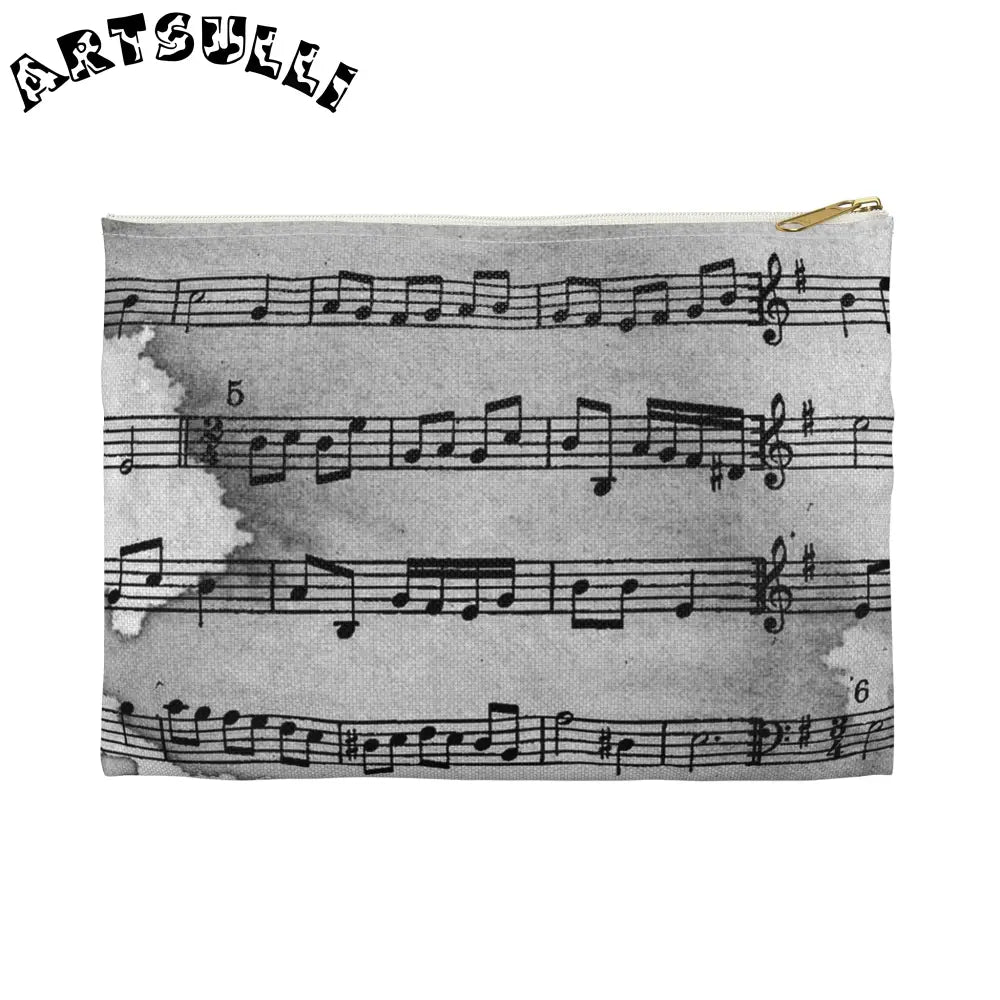 Grayscale Musical Score Flat Pouch, Artsulli - Art is Long, Life is Short, Bags, Size, Small, Color, White zipper, , , 21695468392411296891