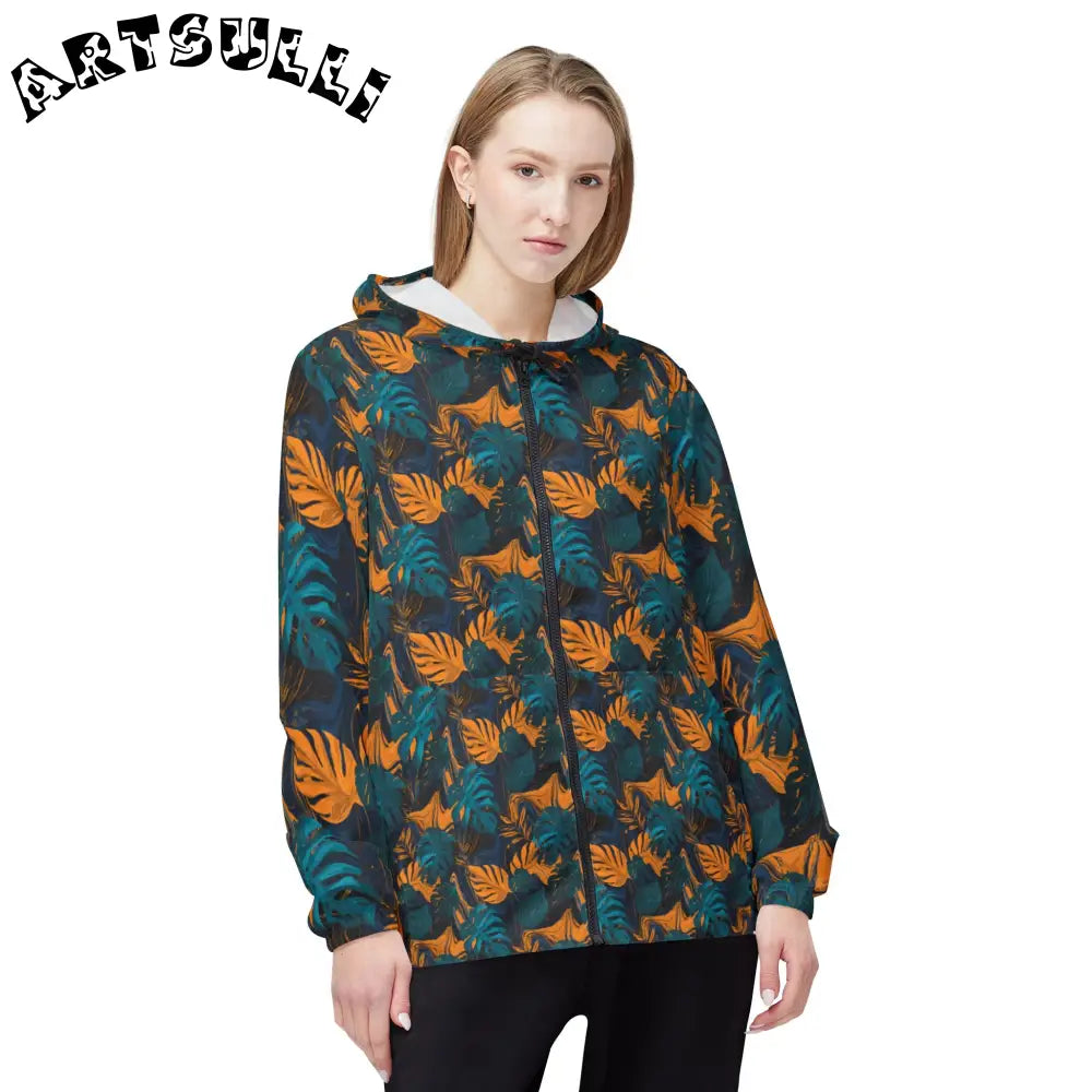 Green and Orange Tropical Leaf Windbreaker Jacket, Artsulli - Art is Long, Life is Short, Outerwear, , , , , , , 