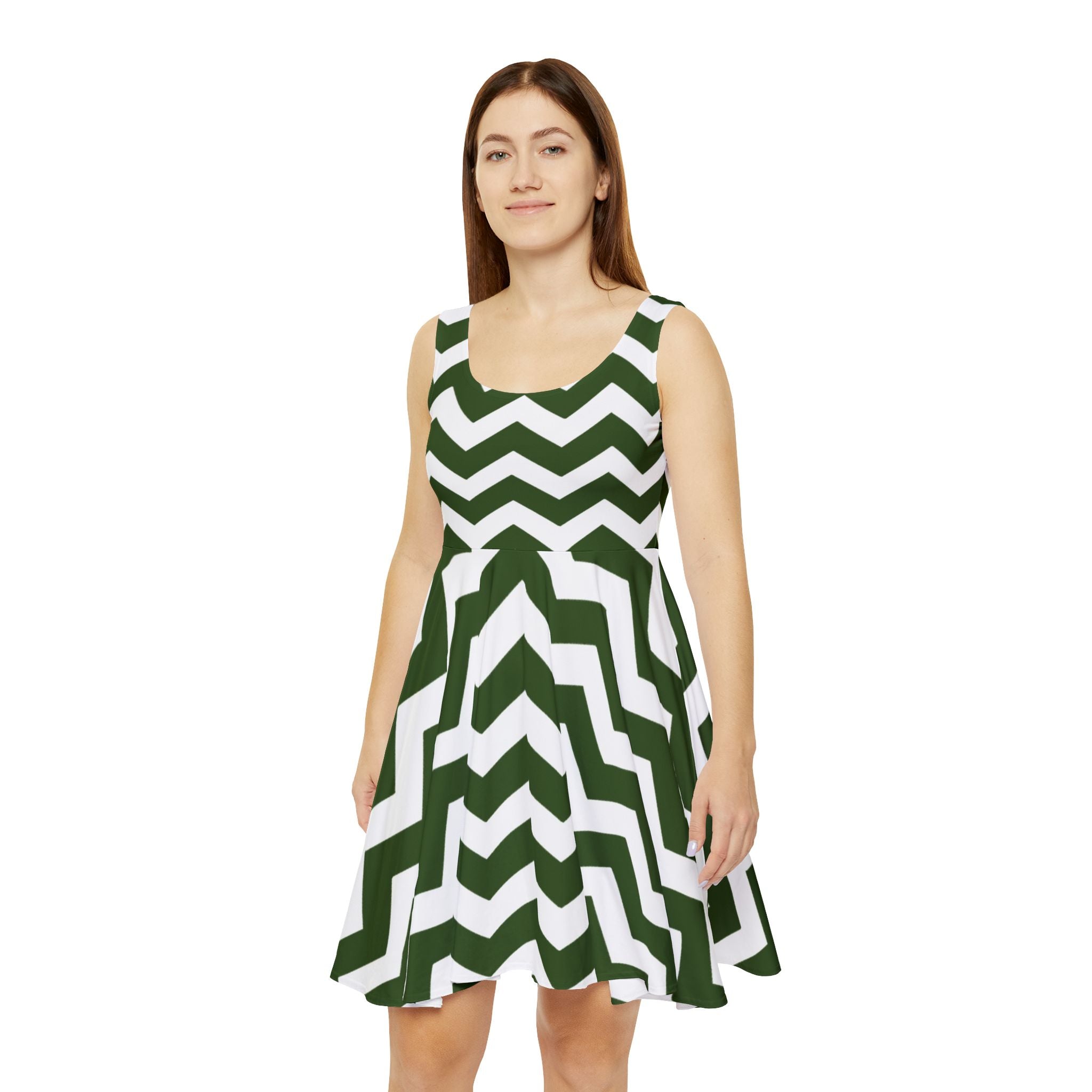 Green and White Chevron Skater Dress, Artsulli - Art is Long, Life is Short, All Over Prints, , , , , , , 