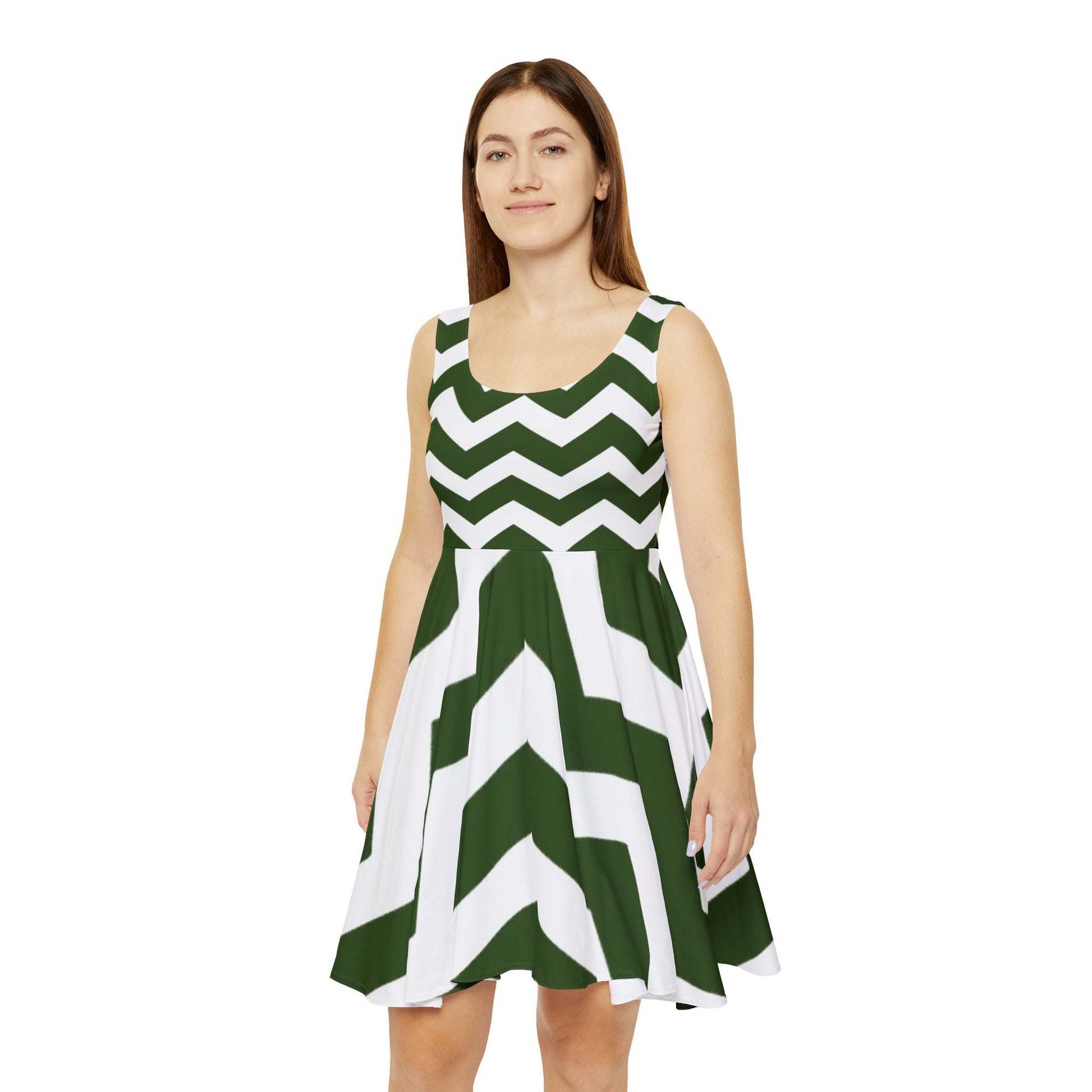 Green and White Chevron Skater Dress, Artsulli - Art is Long, Life is Short, All Over Prints, , , , , , , 