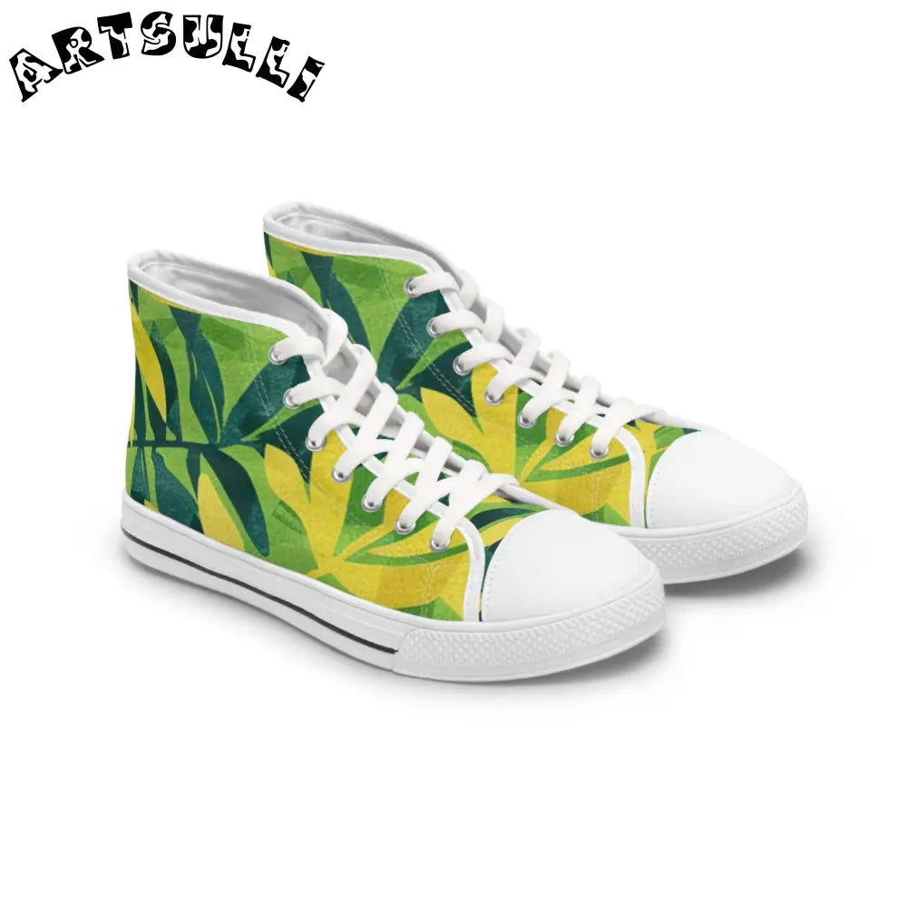 Green and Yellow Leaf Canvas High Top Sneakers, Artsulli - Art is Long, Life is Short, Shoes, Size, US 5.5, Color, White sole, , , 34018271795166764308
