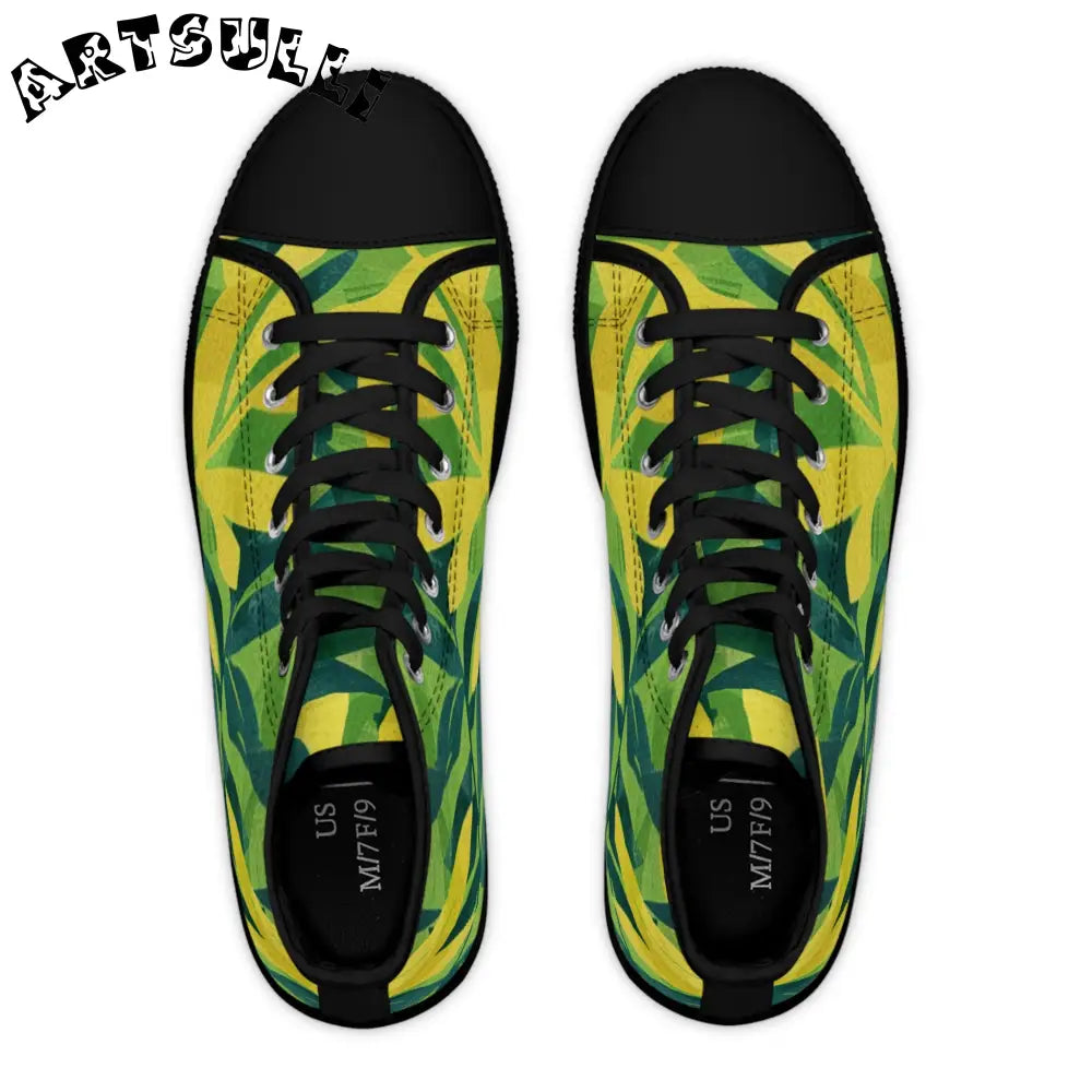 Green and Yellow Leaf Canvas High Top Sneakers, Artsulli - Art is Long, Life is Short, Shoes, , , , , , , 