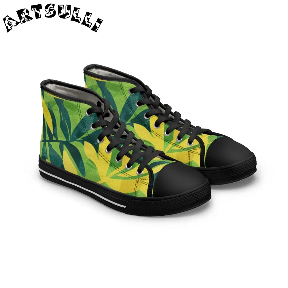 Green and Yellow Leaf Canvas High Top Sneakers, Artsulli - Art is Long, Life is Short, Shoes, Size, US 5.5, Color, Black sole, , , 21922312298694183177