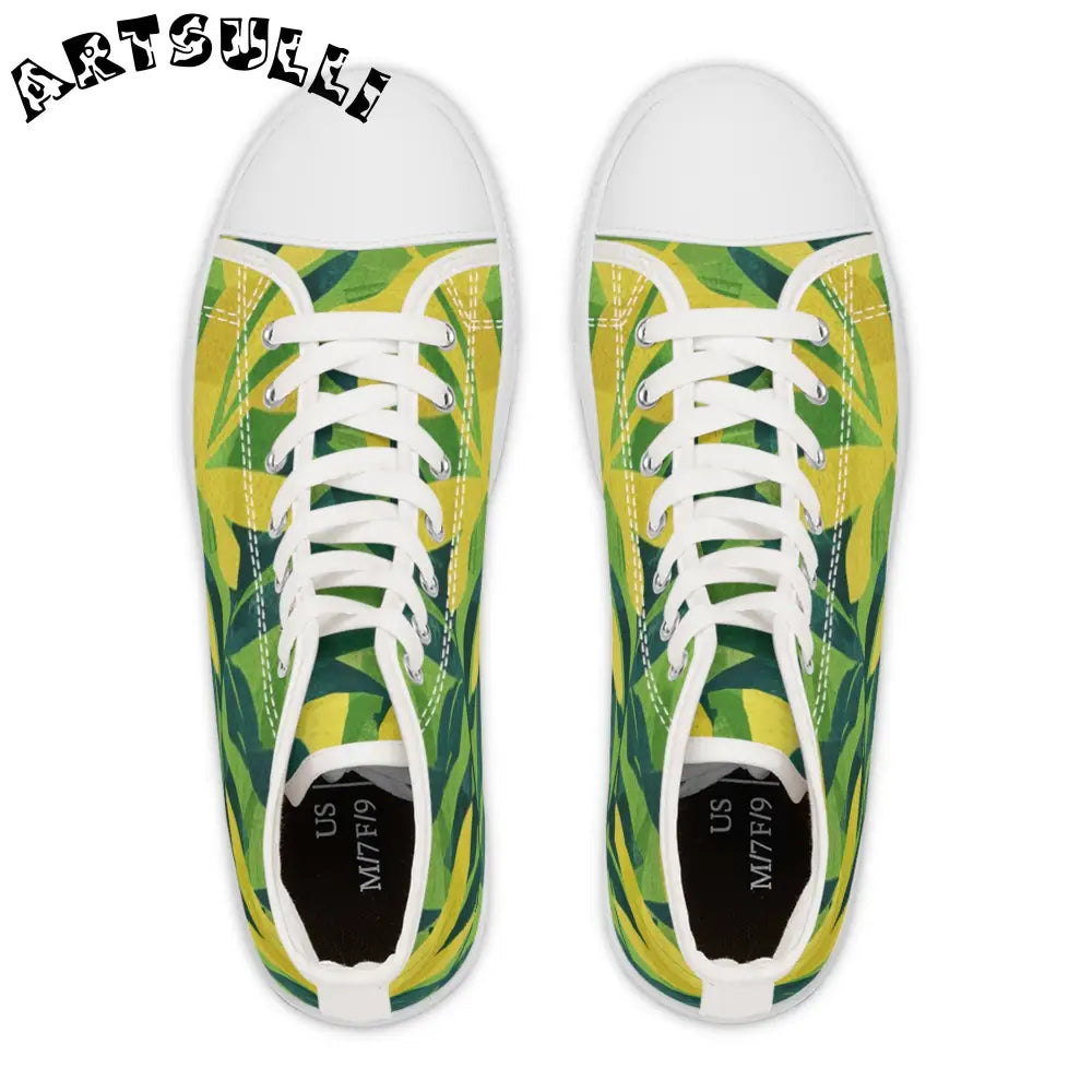 Green and Yellow Leaf Canvas High Top Sneakers, Artsulli - Art is Long, Life is Short, Shoes, , , , , , , 