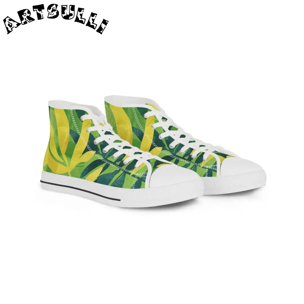 Green and Yellow Leaf High Top Sneakers, Artsulli - Art is Long, Life is Short, Shoes, Size, US 5, Color, White sole, , , 49389529406191532486