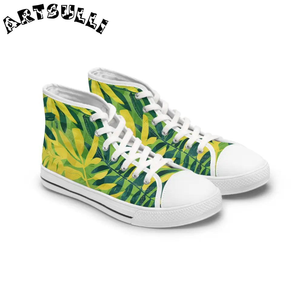 Green and Yellow Leaf High-Top Sneakers, Artsulli - Art is Long, Life is Short, Shoes, Size, US 5.5, Color, White sole, , , 23435561930125015940