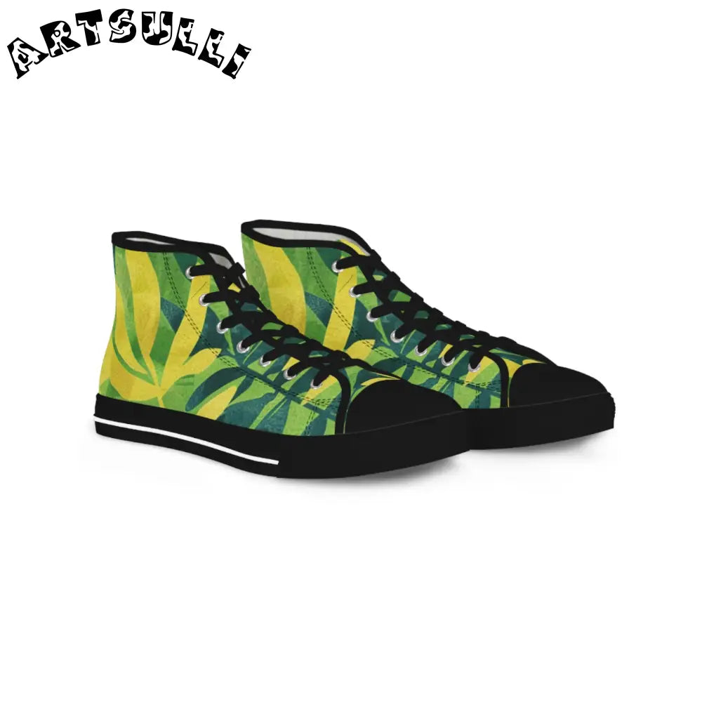 Green and Yellow Leaf High Top Sneakers, Artsulli - Art is Long, Life is Short, Shoes, Size, US 5, Color, Black sole, , , 66272991165307315660