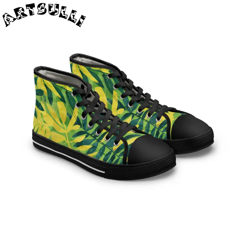 Green and Yellow Leaf High-Top Sneakers, Artsulli - Art is Long, Life is Short, Shoes, Size, US 5.5, Color, Black sole, , , 10253318812578452864