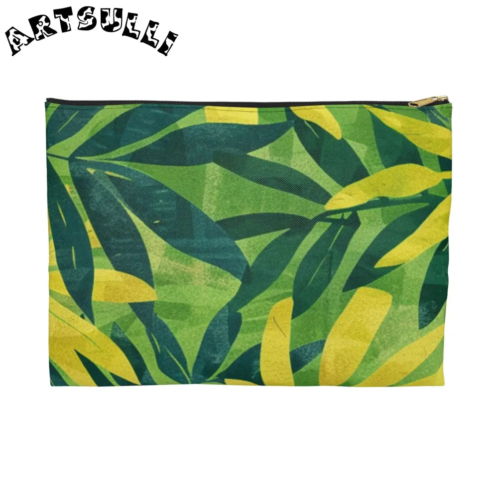 Green and Yellow Leaf Pattern Zipper Pouch, Artsulli - Art is Long, Life is Short, Bags, Size, Large, Color, Black zipper, , , 16435083632938041114