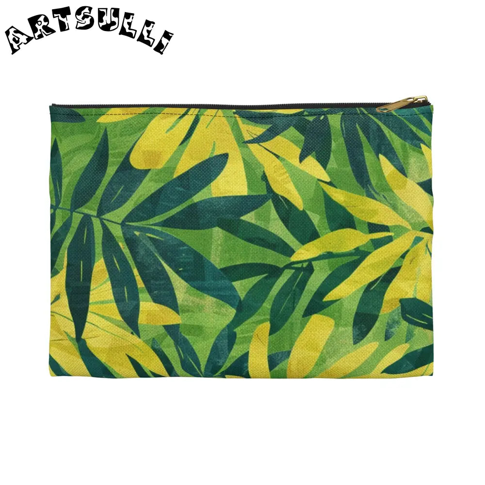 Green and Yellow Leaf Pattern Zipper Pouch, Artsulli - Art is Long, Life is Short, Bags, Size, Small, Color, Black zipper, , , 21406977450443528019