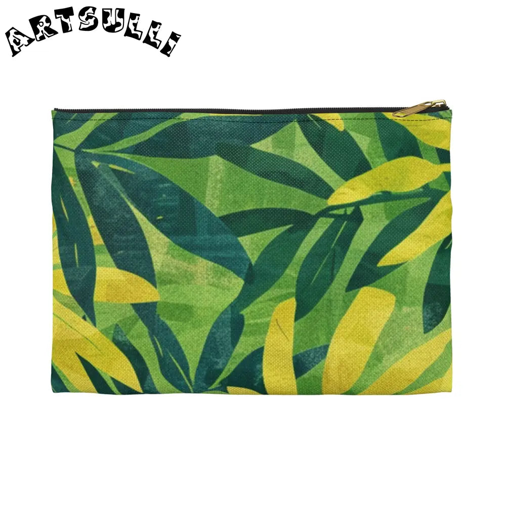 Green and Yellow Leaf Pattern Zipper Pouch, Artsulli - Art is Long, Life is Short, Bags, Size, Small, Color, Black zipper, , , 20821994591482869628