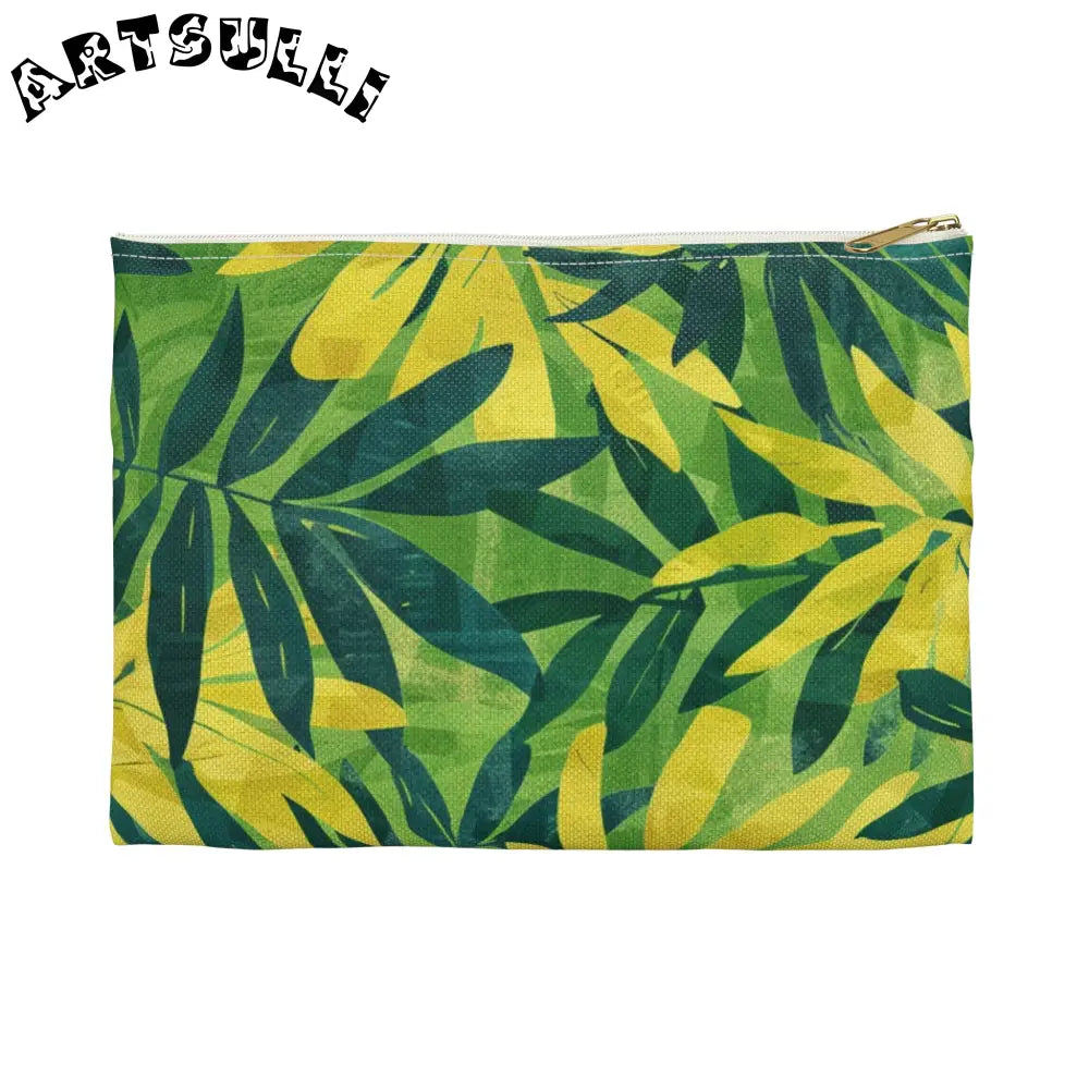 Green and Yellow Leaf Pattern Zipper Pouch, Artsulli - Art is Long, Life is Short, Bags, Size, Small, Color, White zipper, , , 30584430531818475435
