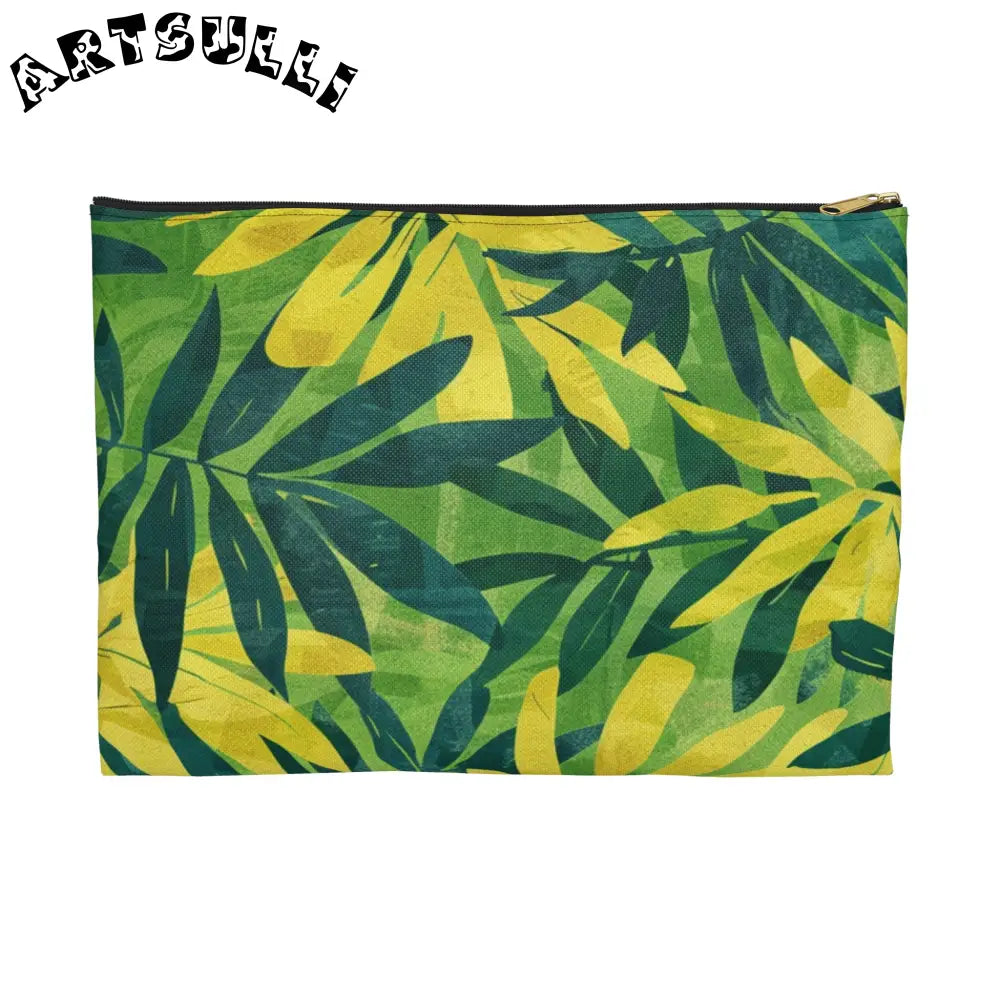 Green and Yellow Leaf Pattern Zipper Pouch, Artsulli - Art is Long, Life is Short, Bags, Size, Large, Color, Black zipper, , , 31983670669805630517