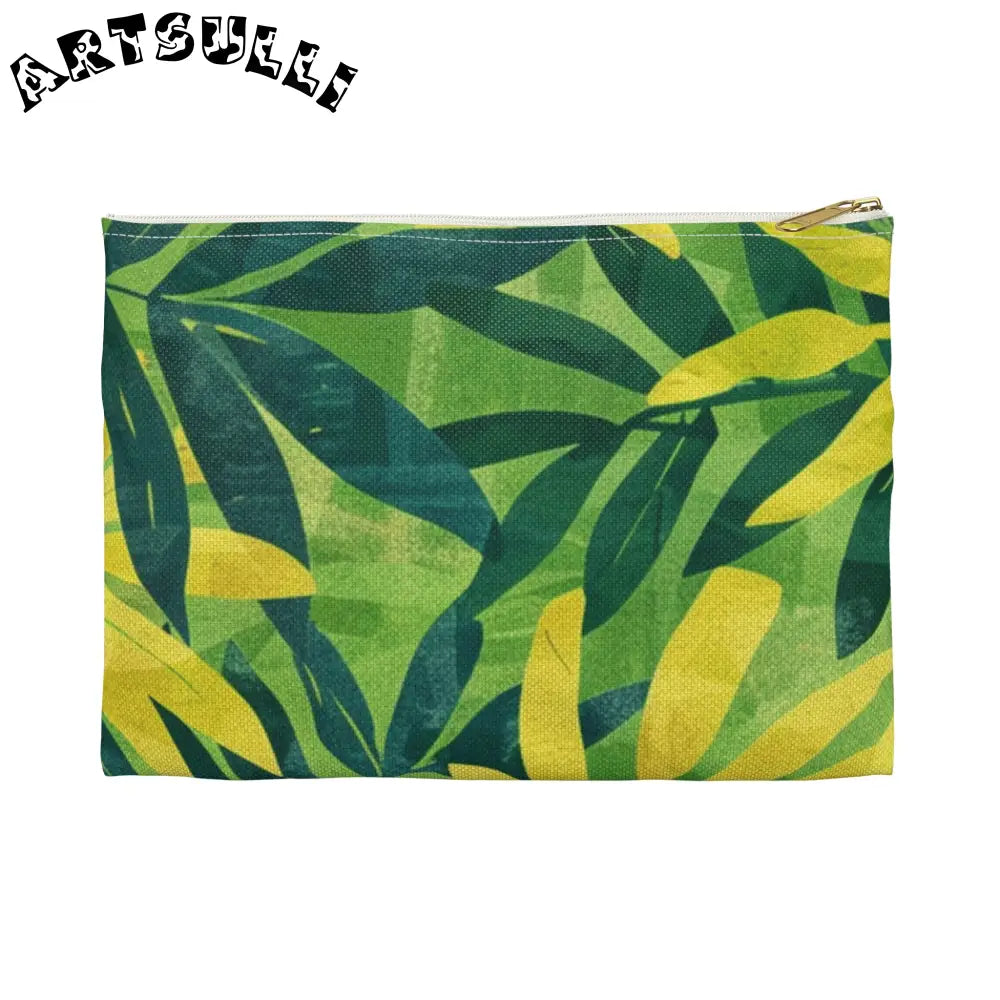 Green and Yellow Leaf Pattern Zipper Pouch, Artsulli - Art is Long, Life is Short, Bags, Size, Small, Color, White zipper, , , 25107768451143942355
