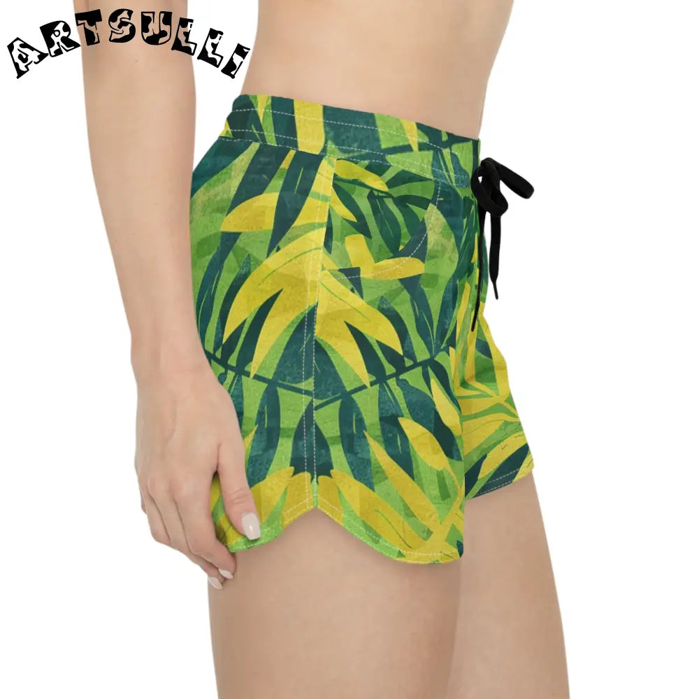 Green and Yellow Leaf Print Athletic Shorts, Artsulli - Art is Long, Life is Short, All Over Prints, , , , , , , 