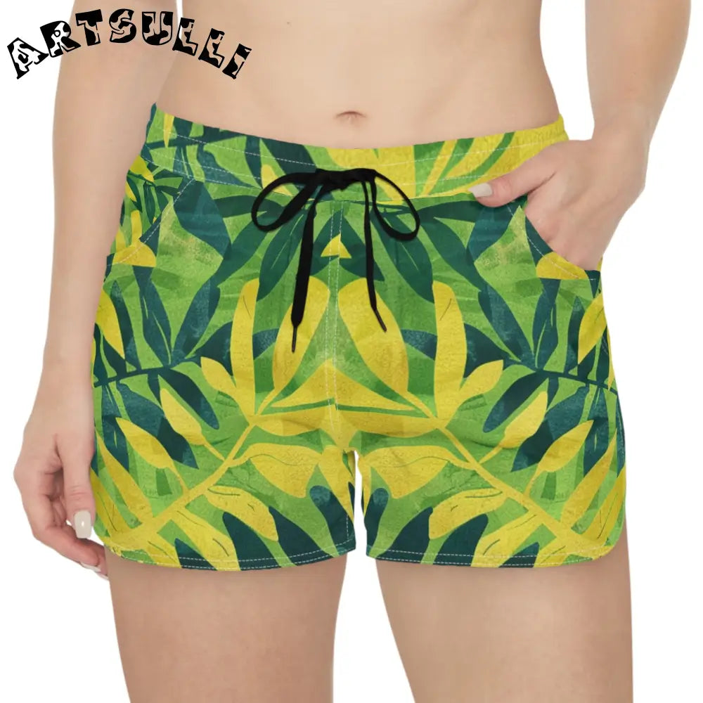 Green and Yellow Leaf Print Athletic Shorts, Artsulli - Art is Long, Life is Short, All Over Prints, , , , , , , 