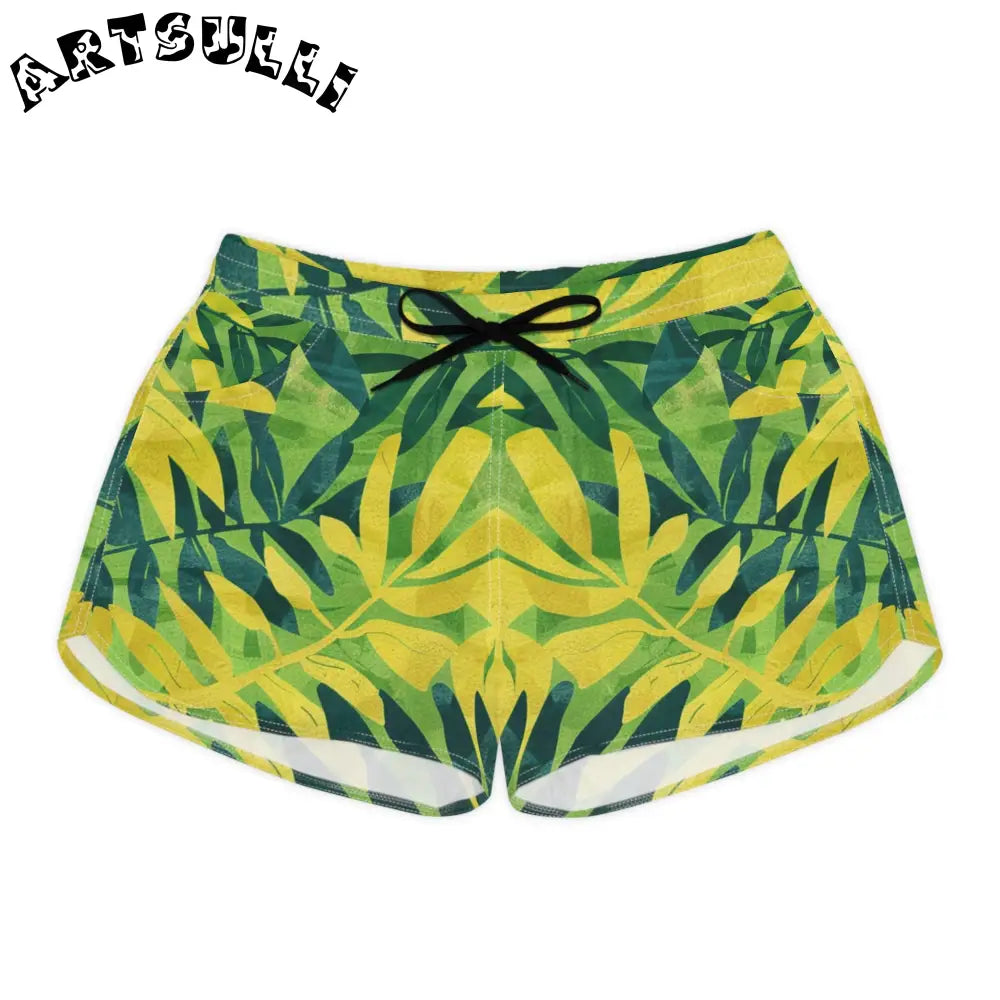 Green and Yellow Leaf Print Athletic Shorts, Artsulli - Art is Long, Life is Short, All Over Prints, Size, S, Color, Black drawstring, , , 26243769660084584938