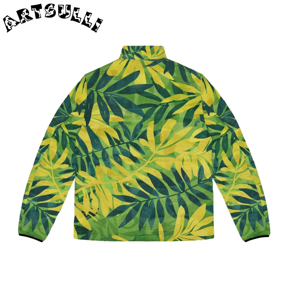 Green and Yellow Leaf Print Puffer Jacket, Artsulli - Art is Long, Life is Short, All Over Prints, , , , , , , 