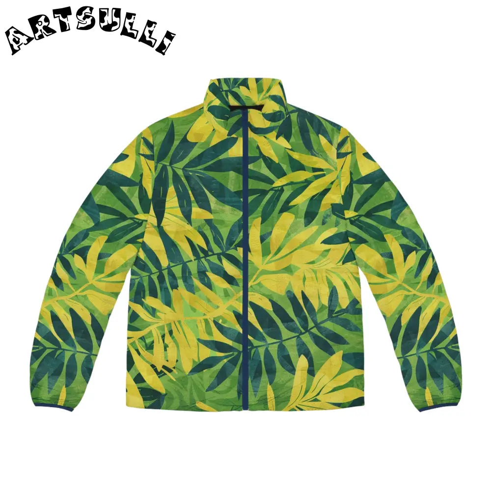 Green and Yellow Leaf Print Puffer Jacket, Artsulli - Art is Long, Life is Short, All Over Prints, Size, S, Color, Dark blue zipper, , , 14275025740523571586