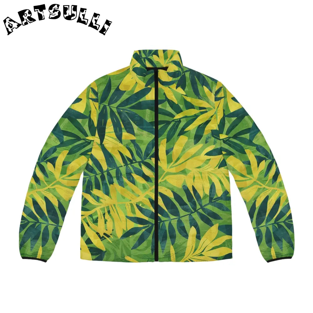 Green and Yellow Leaf Print Puffer Jacket, Artsulli - Art is Long, Life is Short, All Over Prints, Size, S, Color, Black zipper, , , 29829883240973350645