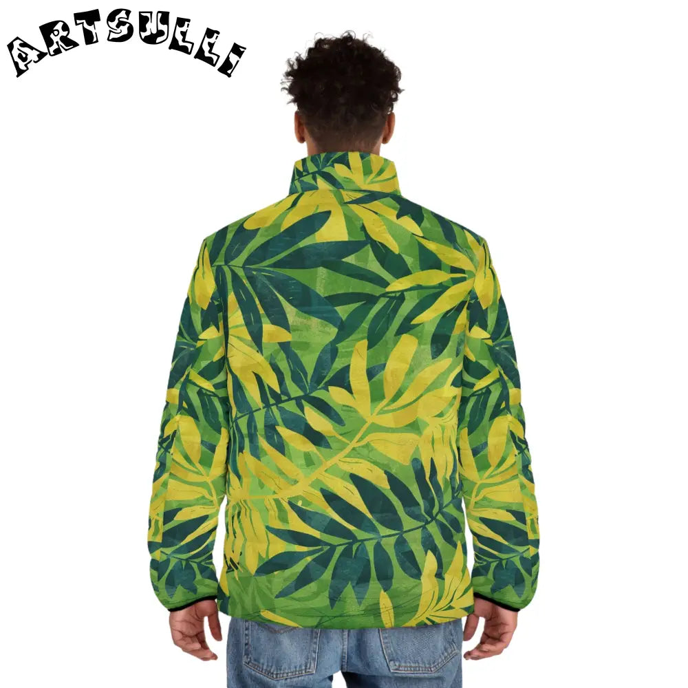 Green and Yellow Leaf Print Puffer Jacket, Artsulli - Art is Long, Life is Short, All Over Prints, , , , , , , 
